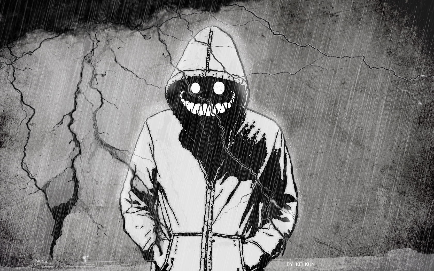 grin, art, smiling, x, monsters, black and white, demon, 720P, storm, hoody, white, fantasy, creepy, black, hd, abstract, HD Wallpaper