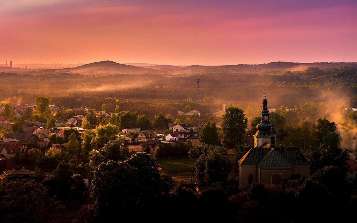 trees, sunset, 480P, hills, Poland, sky, mist, pink, town, landscape, architecture, nature, HD Wallpaper