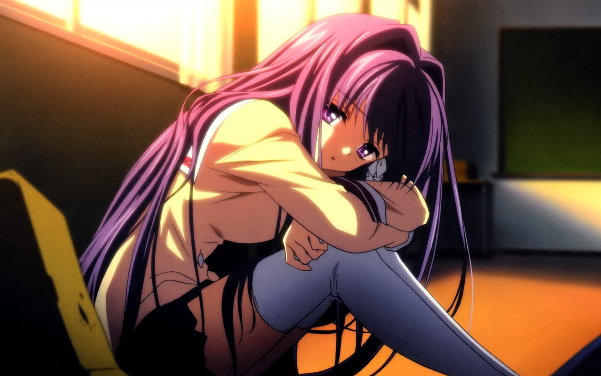 one person, sitting, hairstyle, long hair, purple hair, indoors, leisure activity, Fujibayashi Kyou, real people, anime, hair, beautiful woman, clothing, HD Wallpaper