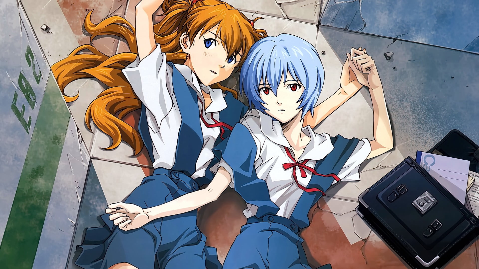 technology, red eyes, Neon Genesis Evangelion, sunlight, school uniform, long hair, female likeness, human representation, anime girls, outdoors, people, HD Wallpaper