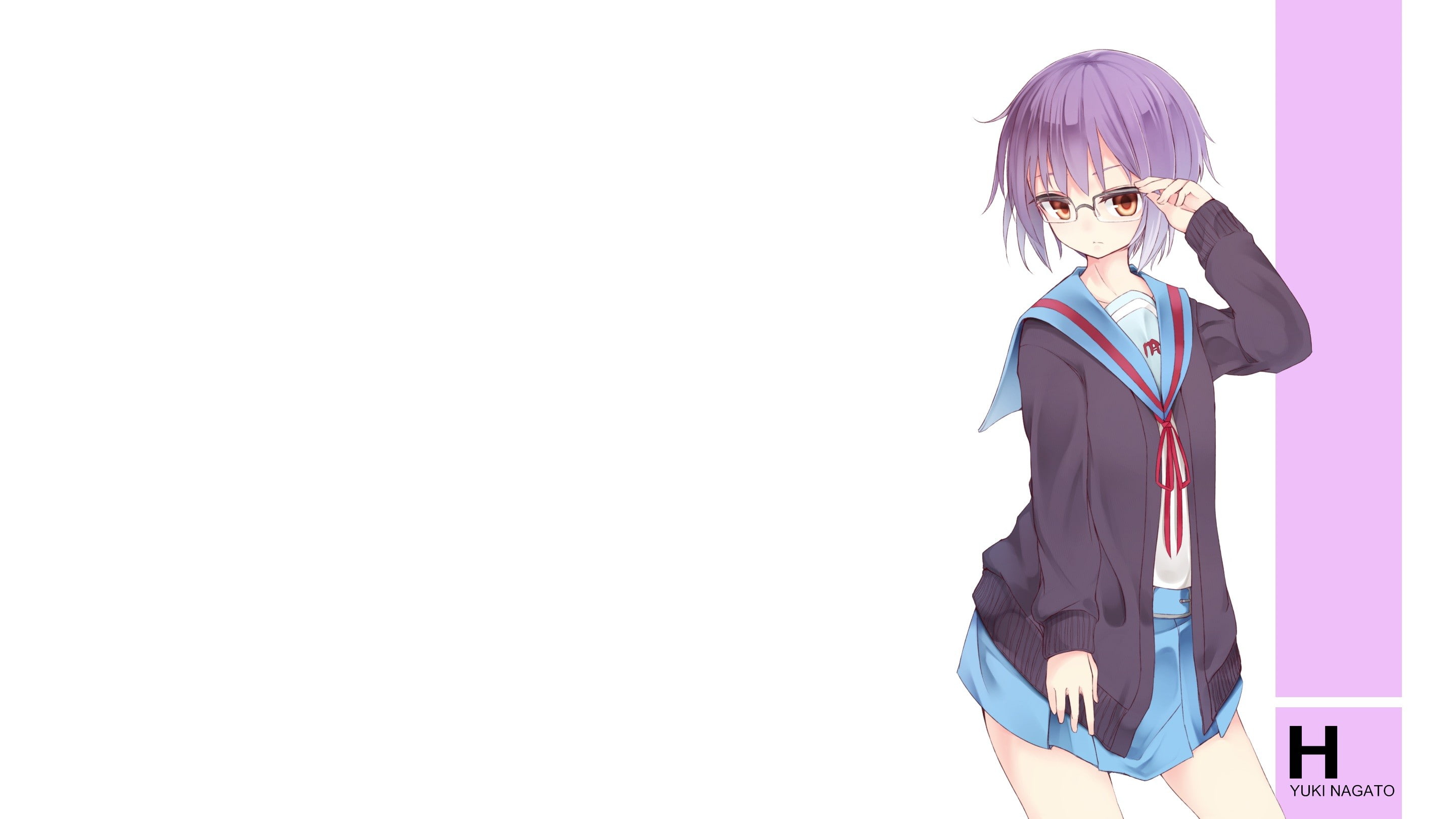 Nagato Yuki, school uniform, The Melancholy of Haruhi Suzumiya, glasses, purple hair, anime, anime girls, short hair, 2K, brown eyes, HD Wallpaper