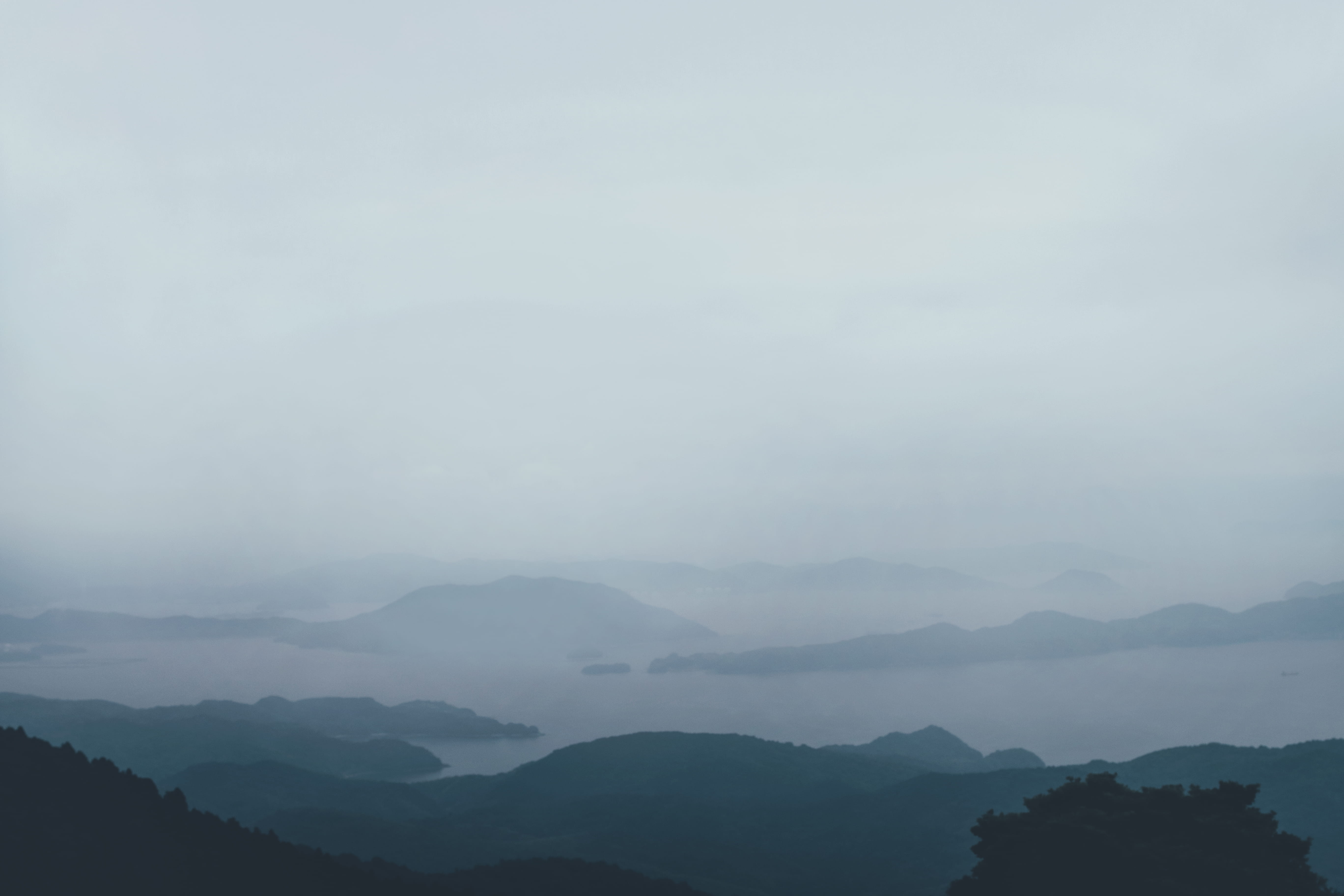 silhouette, no people, cloud - sky, day, fog, idyllic, mountain range, mountain, landscape, tranquility, environment, beauty in nature, hazy, sky, 5K, HD Wallpaper
