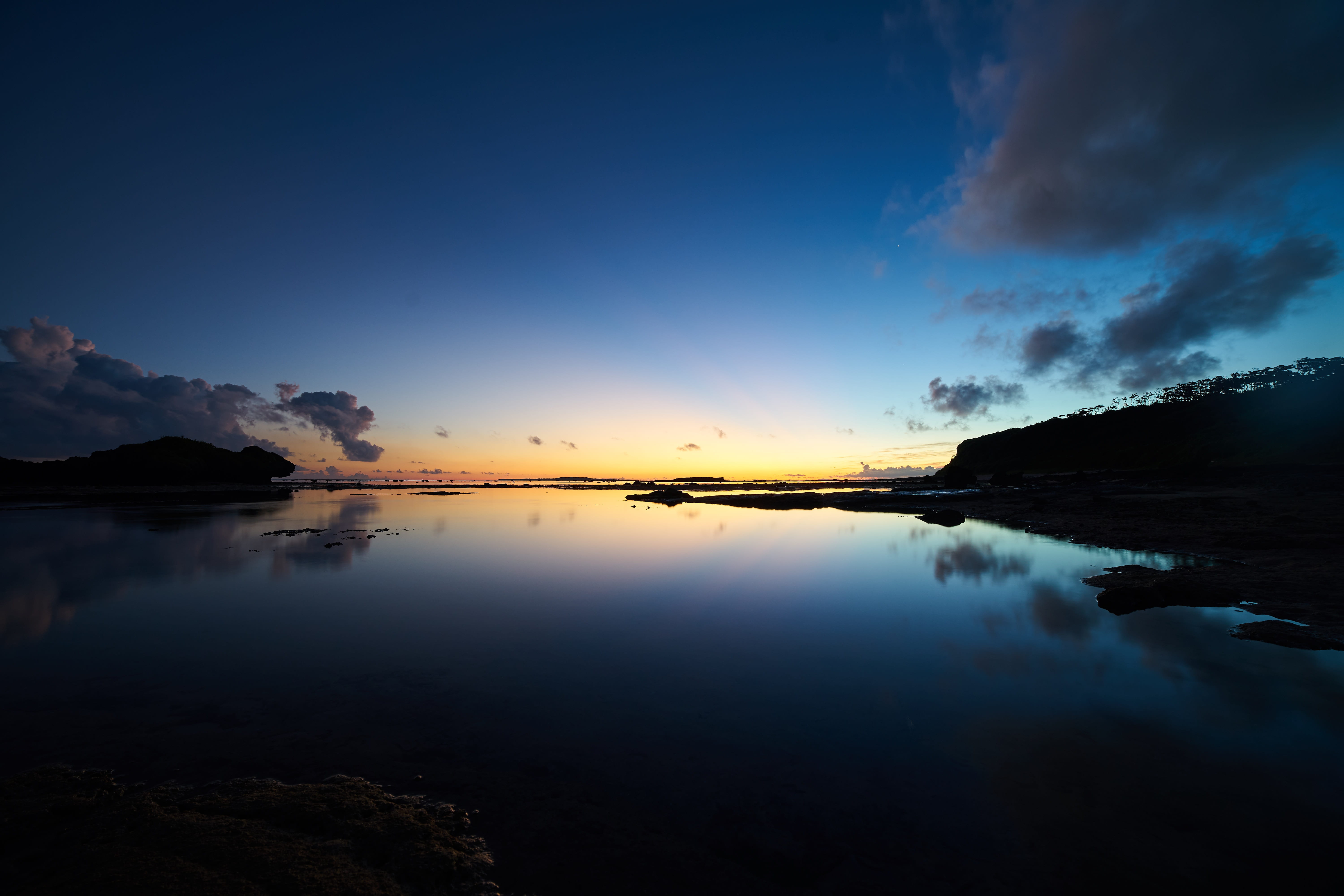 morning glow, island, cloud - sky, water, mountain, sunset, tranquility, idyllic, silhouette, beauty in nature, asahi, tranquil scene, non-urban scene, HD Wallpaper