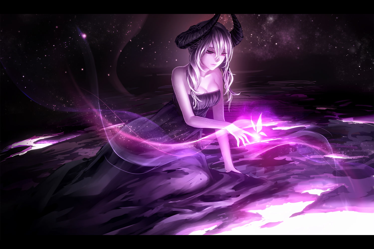 cleavage, eyes, purple, original, dress, mood, hair, butterfly, keiji, sasama, 720P, horns, HD Wallpaper