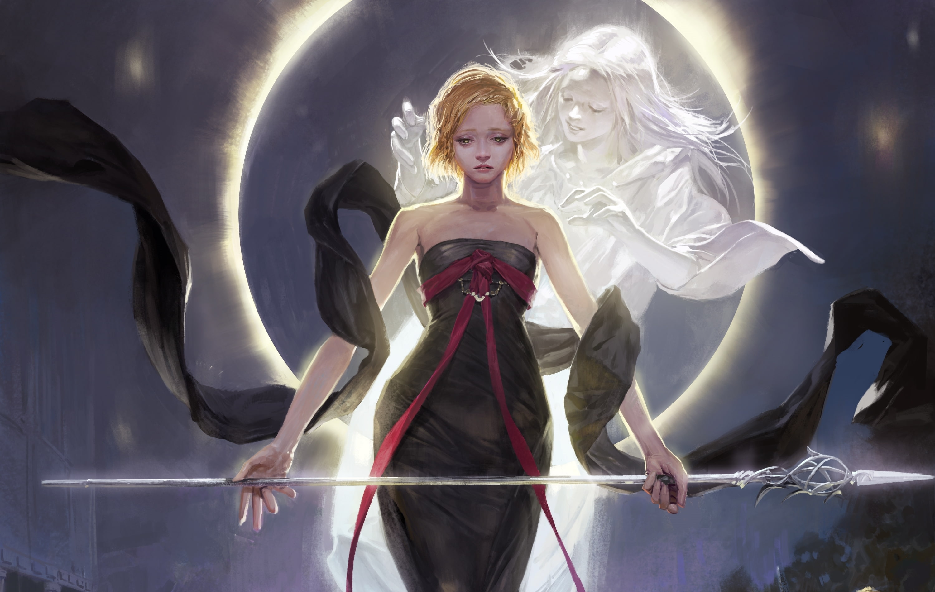 fashion, young adult, yellow, fantasy, sadness, beautiful woman, Legend of the Cryptids, clothing, front view, anime, young women, moon, standing, sorrow, HD Wallpaper