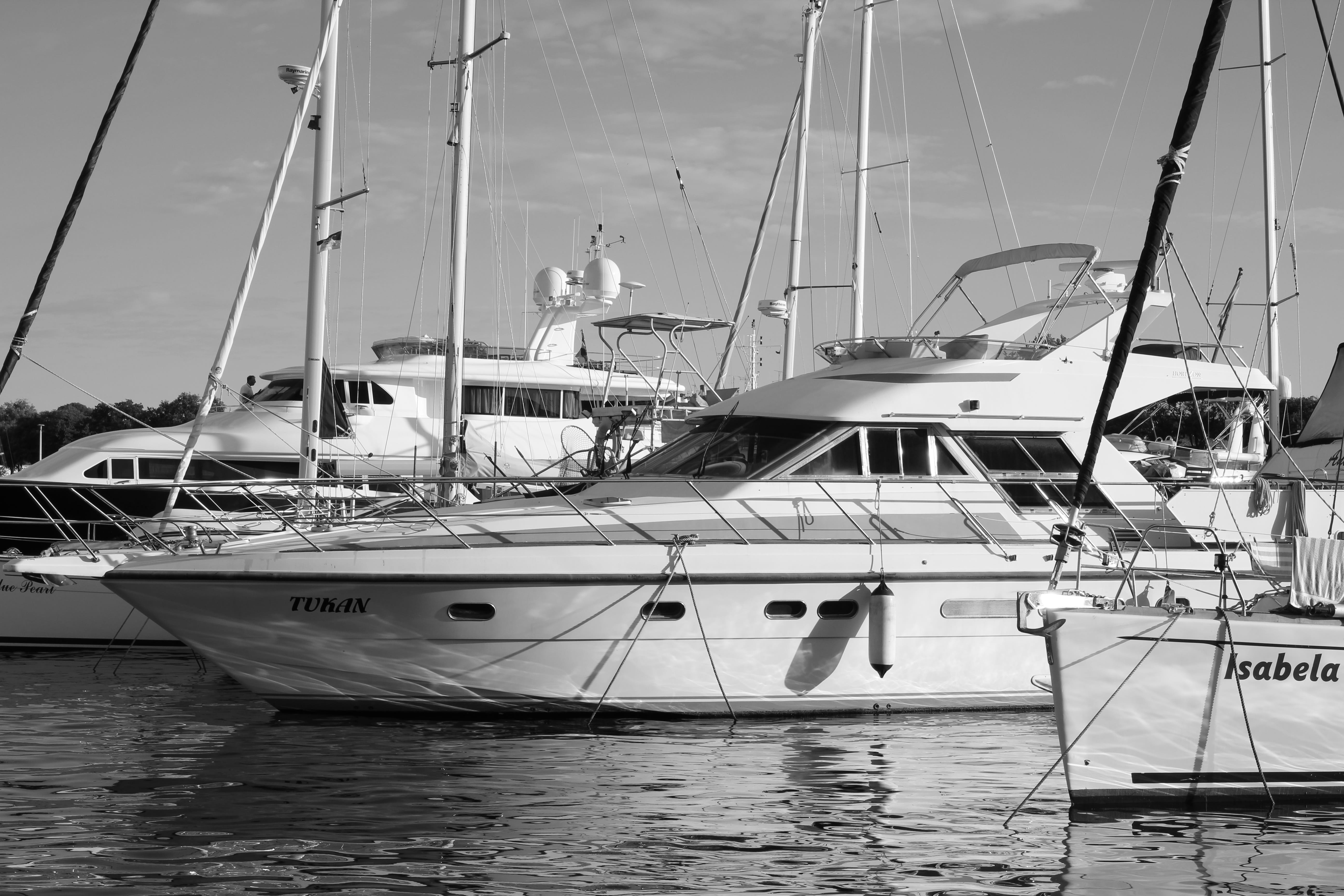 rope, boat, moored, nautical Vessel, Charter, holiday, mode of transportation, pier, Boat, summer, yachting, 5K, mast, black and white, boating, sky, nautical, HD Wallpaper