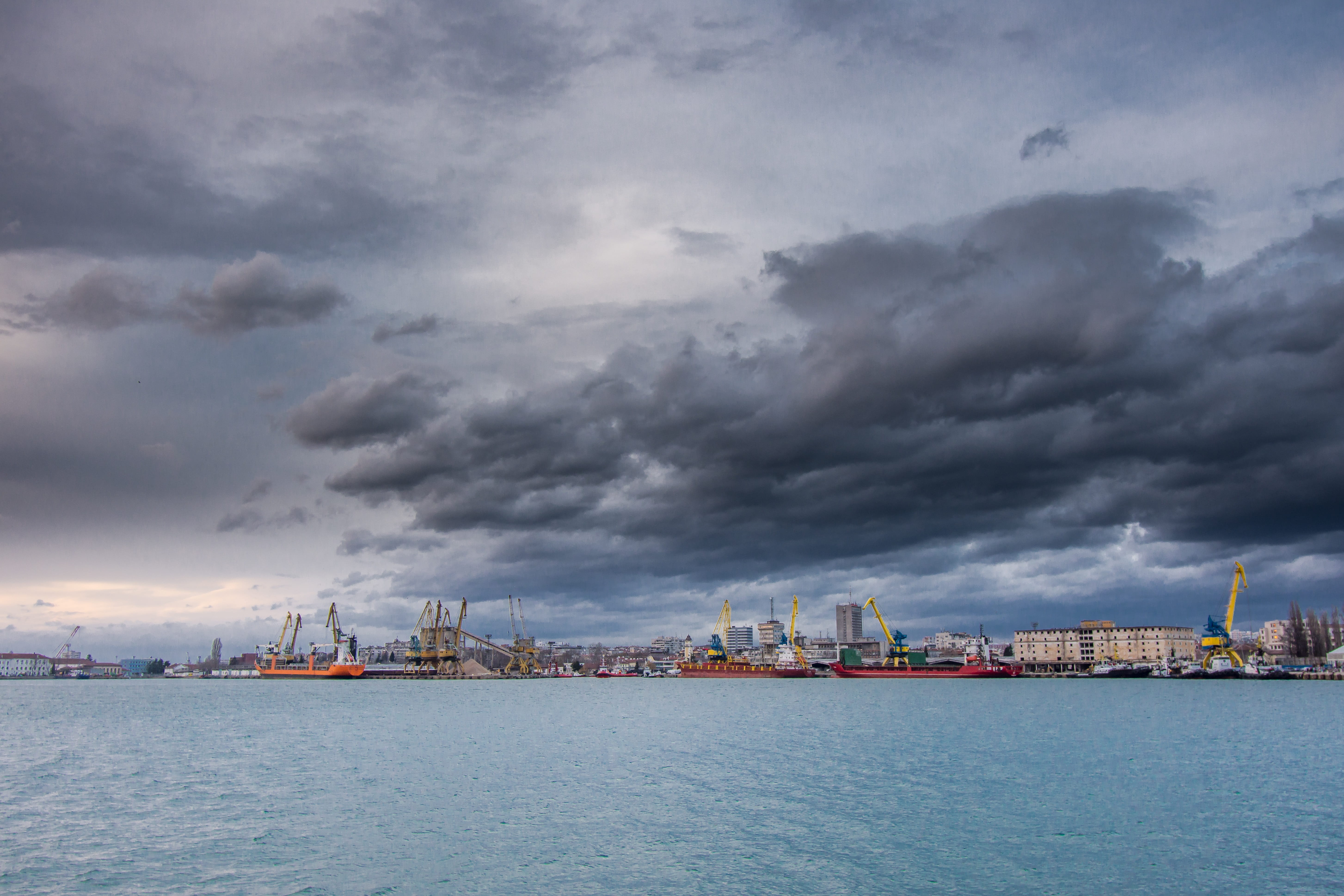 cargo container, city, sunset, commercial dock, pier, no people, nautical vessel, port burgas, panoramic, shipping, ships, cityscape, travel, sea, transportation, HD Wallpaper