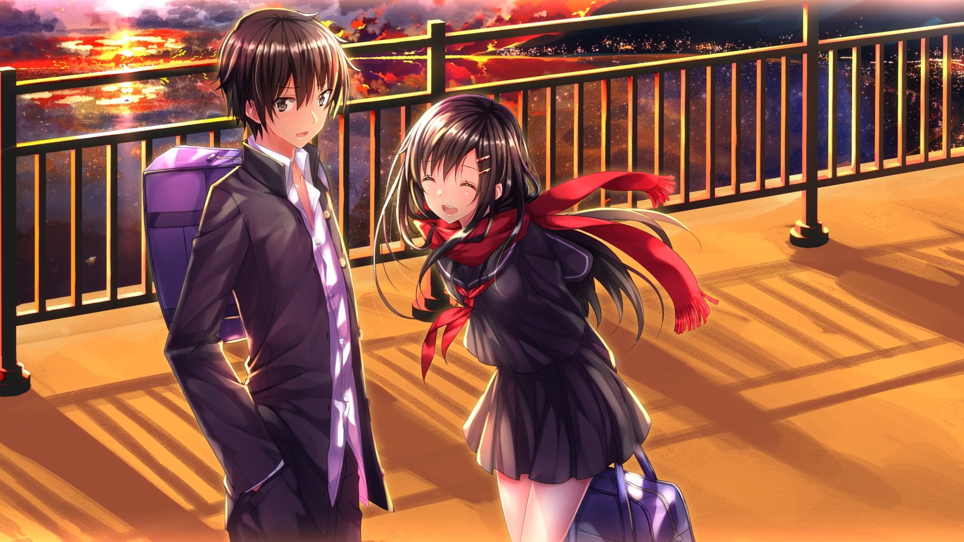 scarf, sunset, 1080P, tateyama, ayano, kagerou, seifuku, swordsouls, project, shintaro, kisaragi, HD Wallpaper