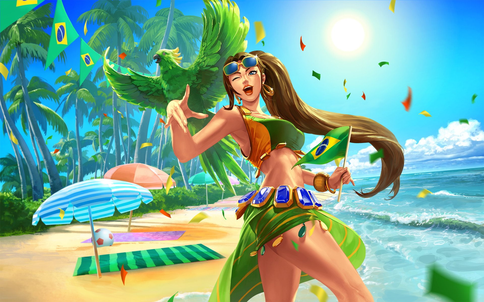 Palm Tree, Video Game, Towel, Long Hair, Bikini, Water, Tree, Paladins (Video Game), Blue Eyes, Smile, Flag, Ball, Cassie (Paladins), Brown Hair, Sun, Bird, HD Wallpaper