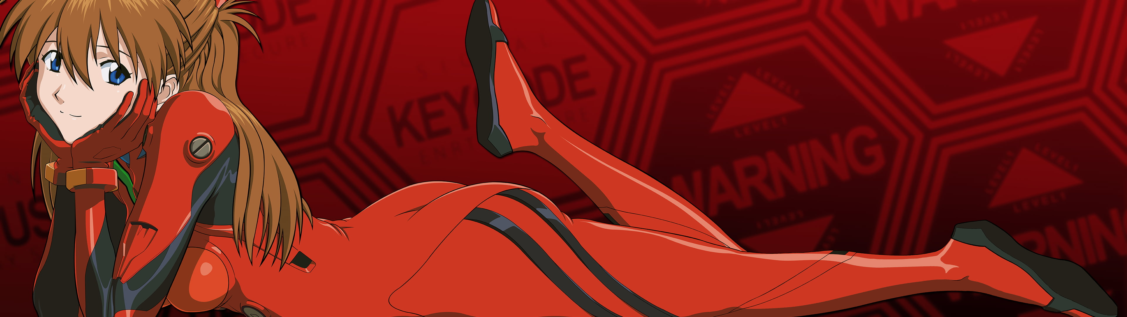 lying down, 4K, Neon Genesis Evangelion, dual display, plugsuit, Asuka Langley Soryu, smile, blue eyes, dual monitors, HD Wallpaper
