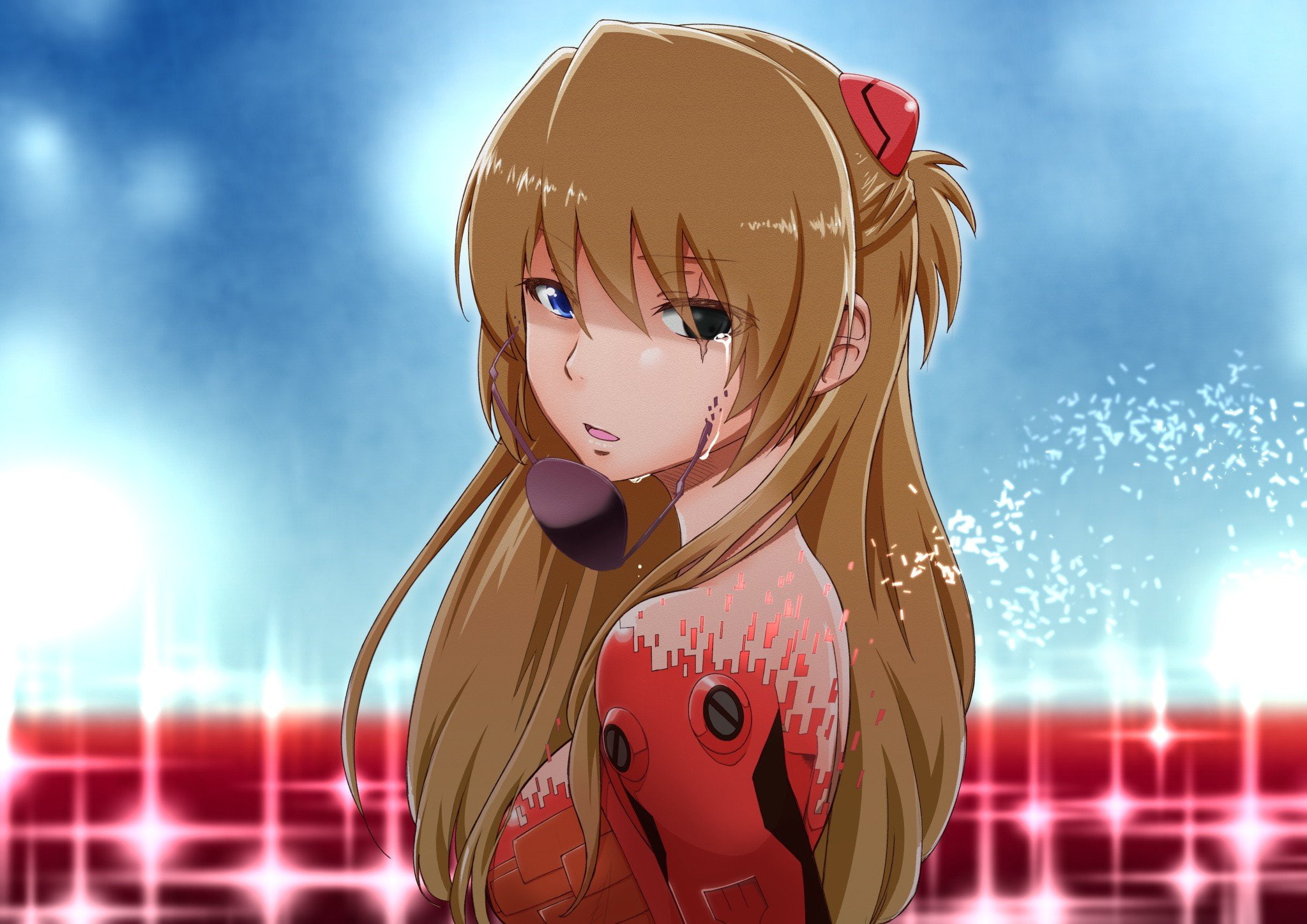 lights, mouth, open, 1080P, eyepatch, eyes, blue, tears, evangelion, long, neon, genesis, bodysuits, brunettes, anime, girls, plugsuit, hair, langley, HD Wallpaper