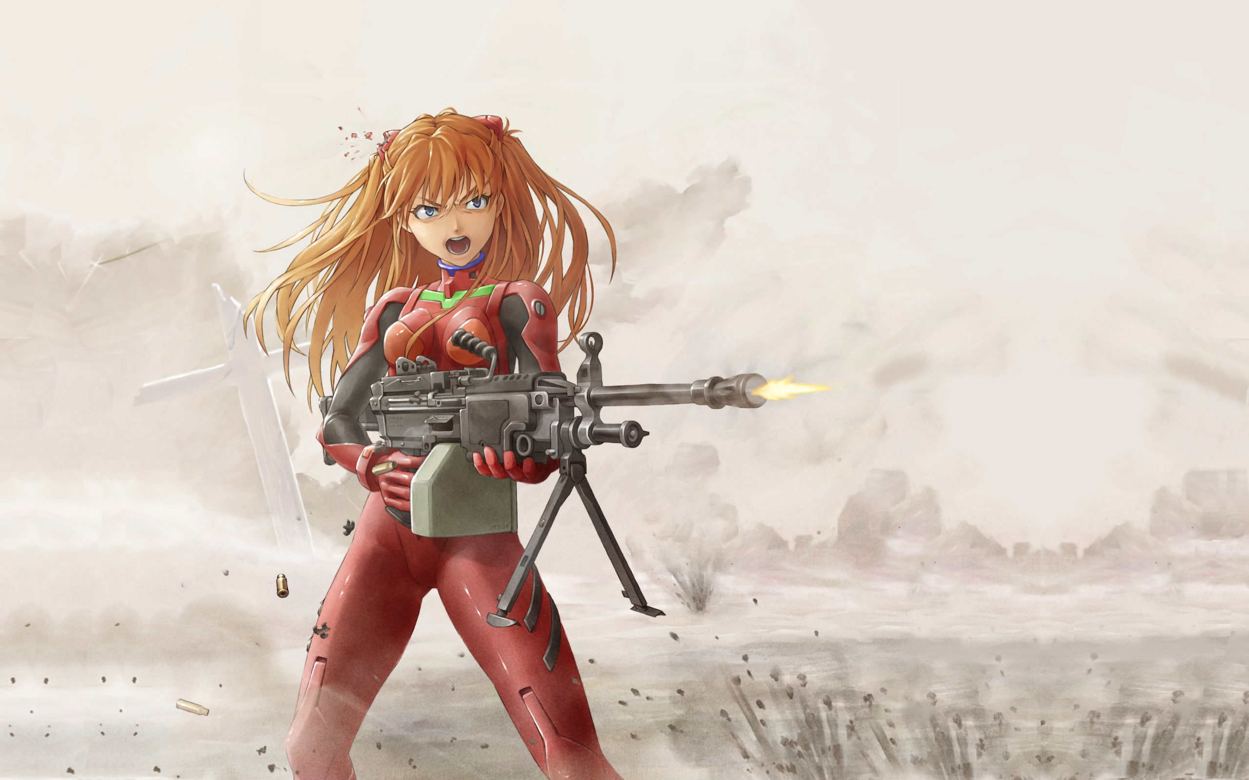 plugsuit, 2K, gun, genesis, evangelion, neon, machine, anime, HD Wallpaper