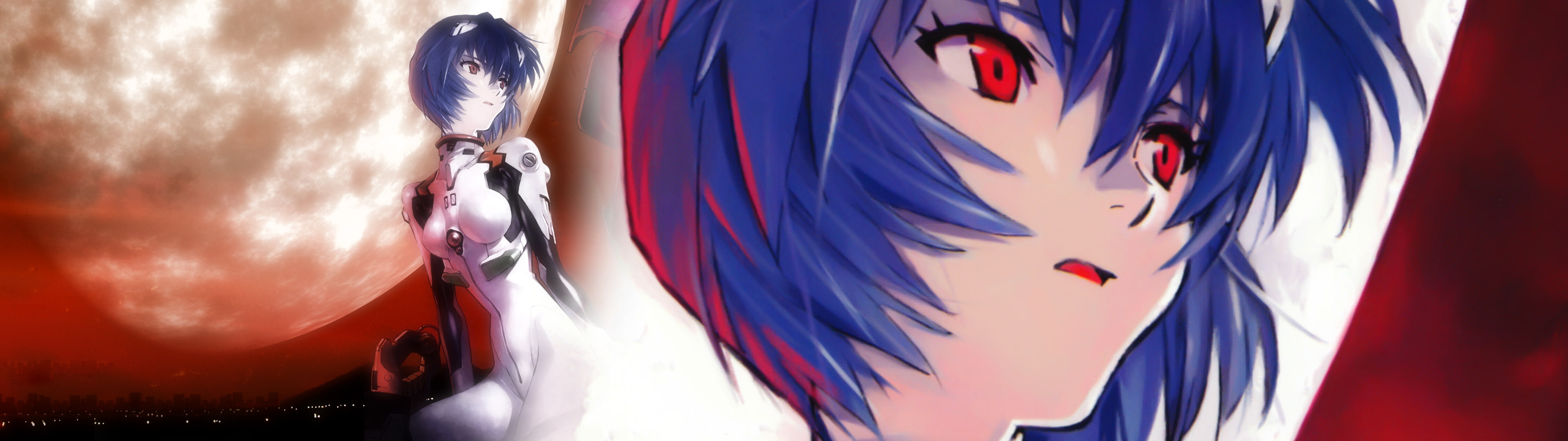 blue, environment, face, effort, Red Eyes, Moon, sunlight, adult, Ayanami Rei, panoramic, clothing, Neon Genesis Evangelion, Anime Girls, sitting, athlete, HD Wallpaper