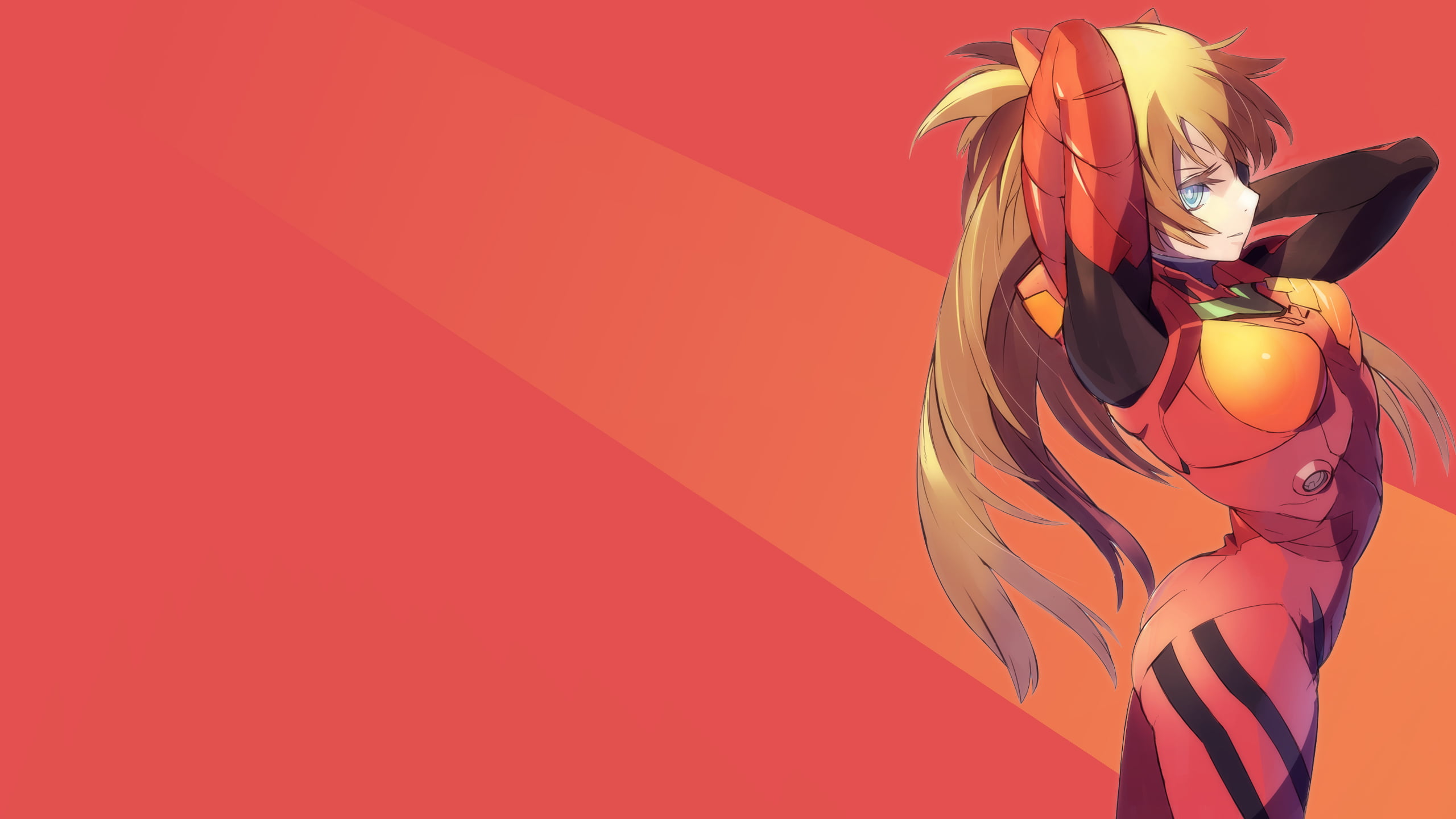 blue eyes, plugsuit, 2K, anime girls, Asuka Langley Soryu, Neon Genesis Evangelion, eyepatches, standing, long hair, bodysuit, anime, redhead, red background, HD Wallpaper