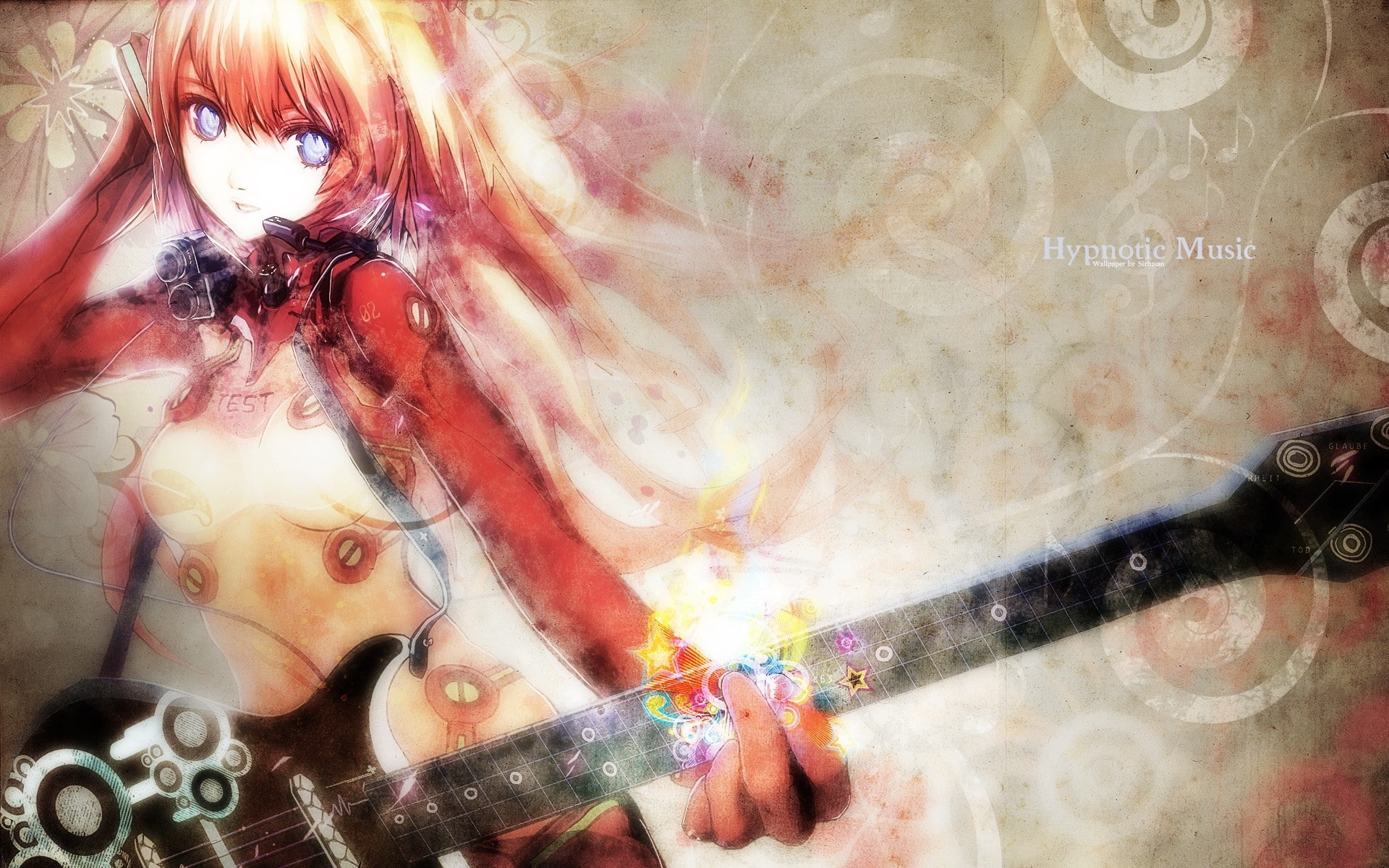 Guitars, anime, instruments, genesis, blue, bodysuits, long, plugsuit, asuka, evangelion, langley, long hair, neon, hair, sor, hd, neon genesis evangelion, HD Wallpaper