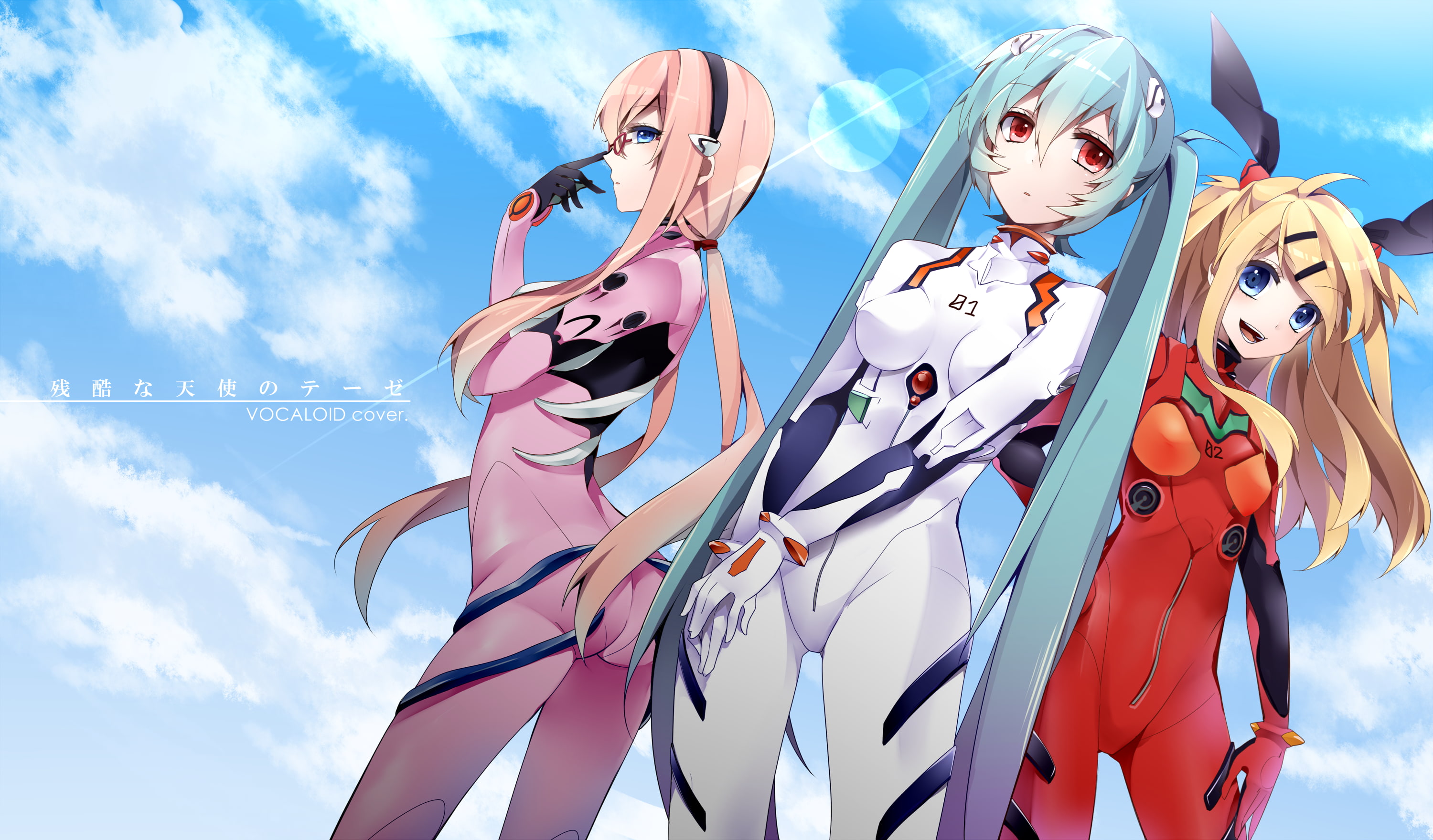 Plugsuit, vocaloid, 2K, anime, Neon Genesis Evangelion, Crossover, Megurine Luka, Hatsune Miku, Kagamine Rin, HD Wallpaper