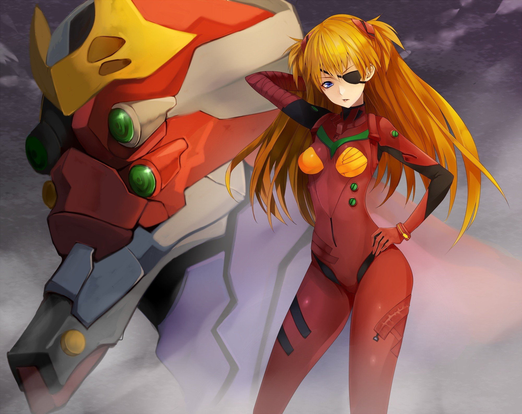 unit, genesis, neon, soryu, 1080P, hair, plugsuit, eva, mecha, evangelion, eyes, long, blue, langley, asuka, eyepatch, redheads, HD Wallpaper