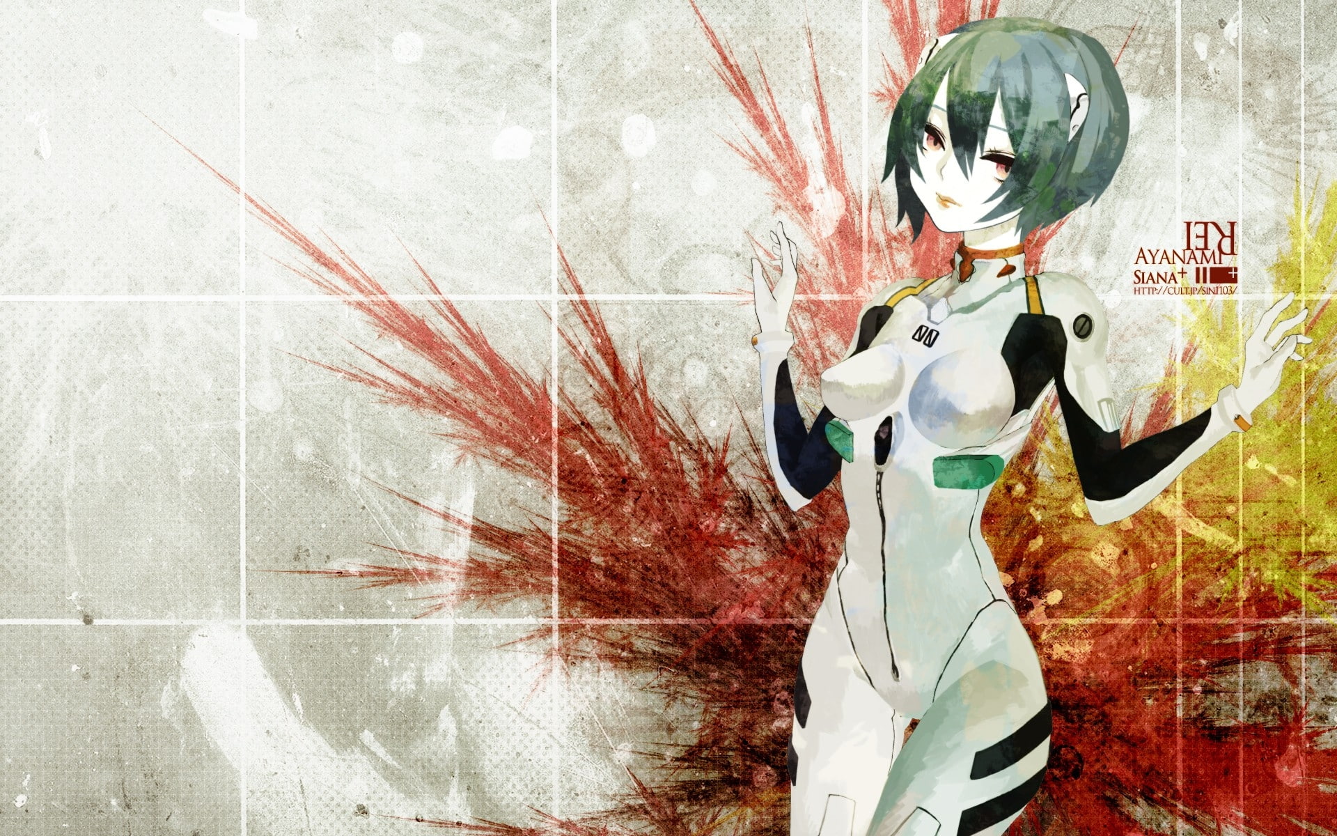 rei, eyes, evangelion, ayanami, text, art, red, anime, short, hd, girl, genesis, ayanami rei, blue, hair, bodysuits, neon, 1080P, plugsuit, HD Wallpaper