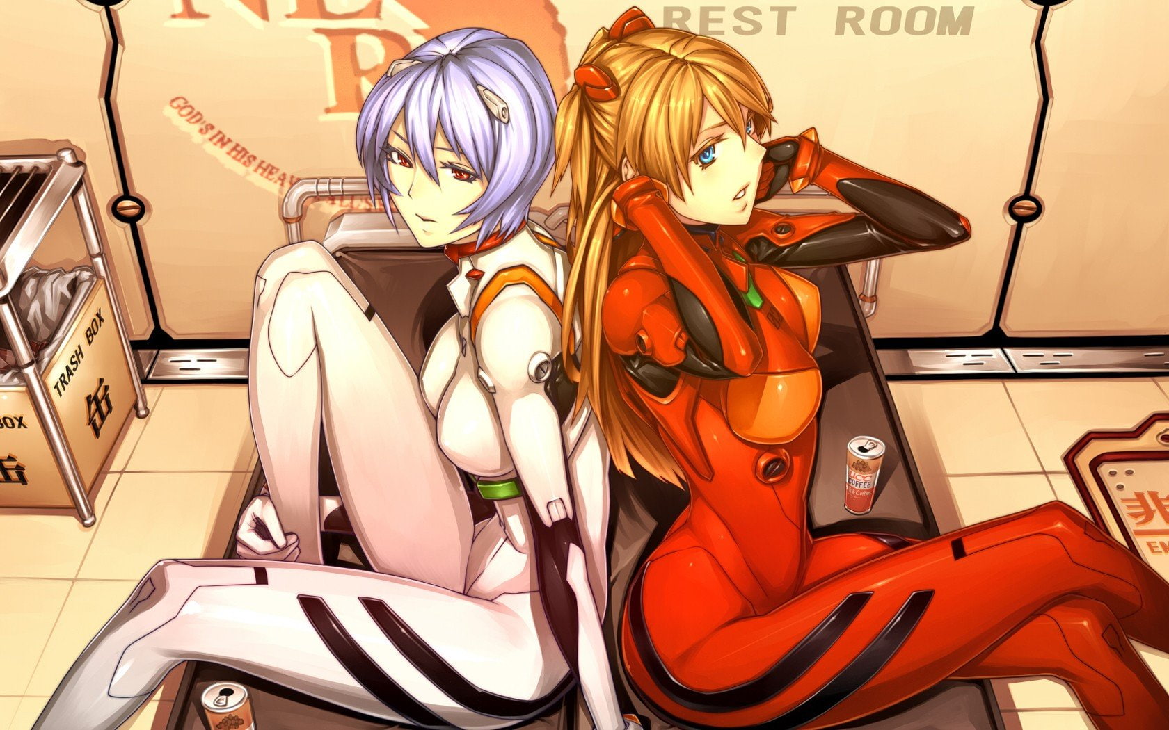 Anime Girls, anime, Plugsuit, coffee, 720P, Neon Genesis Evangelion, Asuka Langley Soryu, Ayanami Rei, HD Wallpaper