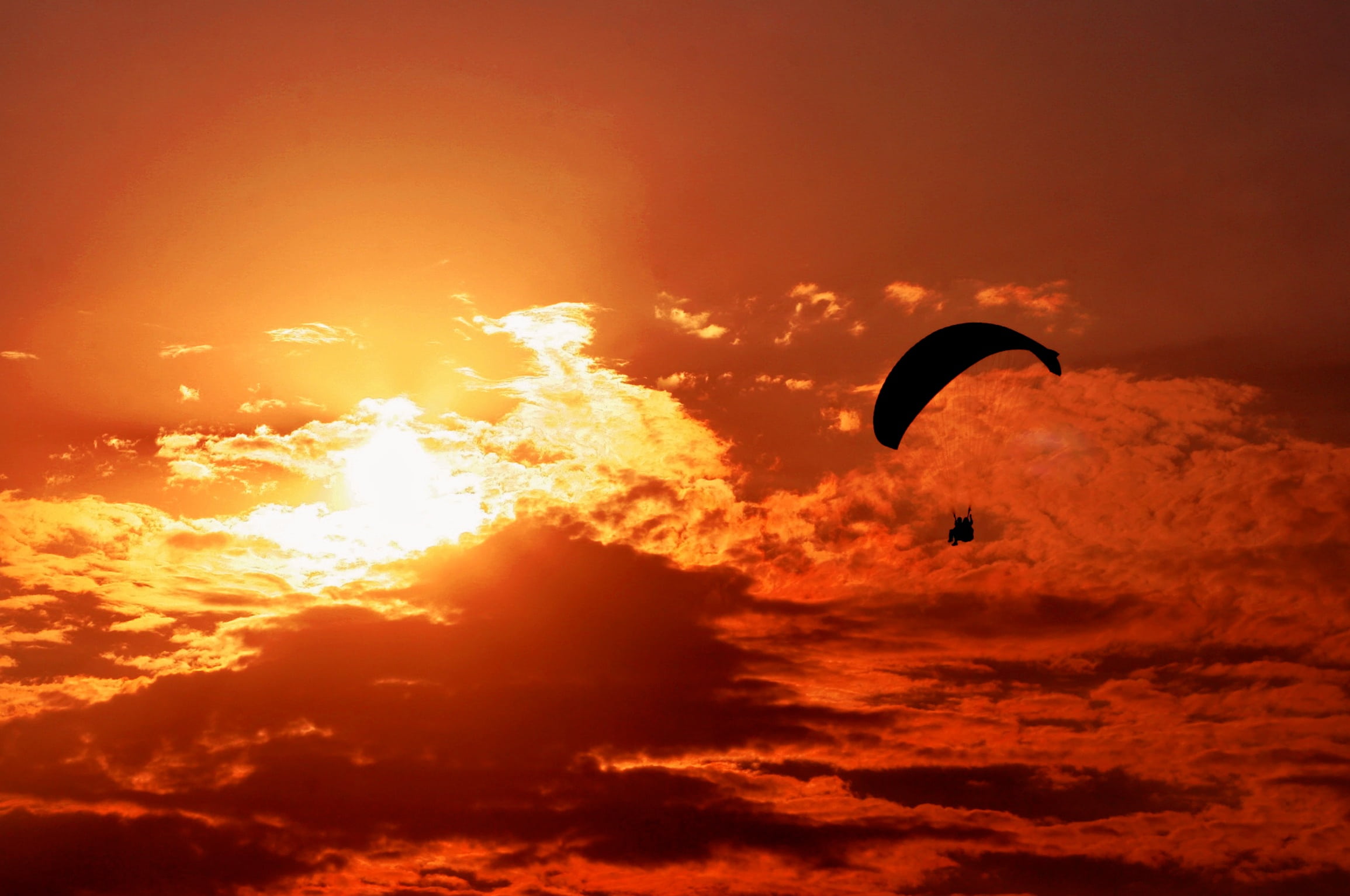 aerial view, unrecognizable person, view, color, beauty in nature, near, mid-air, adventure, action, sunset, nature, blue, leisure activity, orange color, HD Wallpaper
