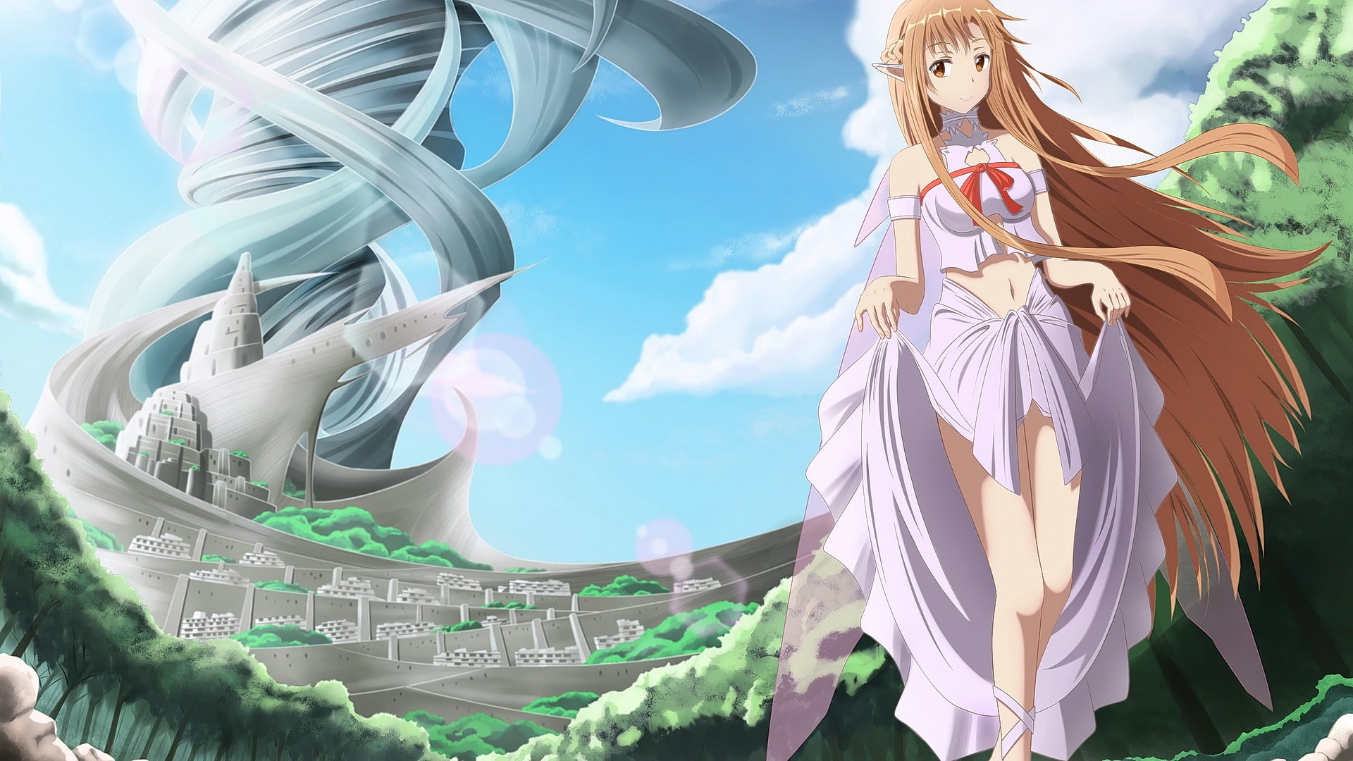 looking at viewer, brunette, Sword Art Online, smiling, 1080P, long hair, anime girls, anime, brown eyes, Yuuki Asuna, HD Wallpaper