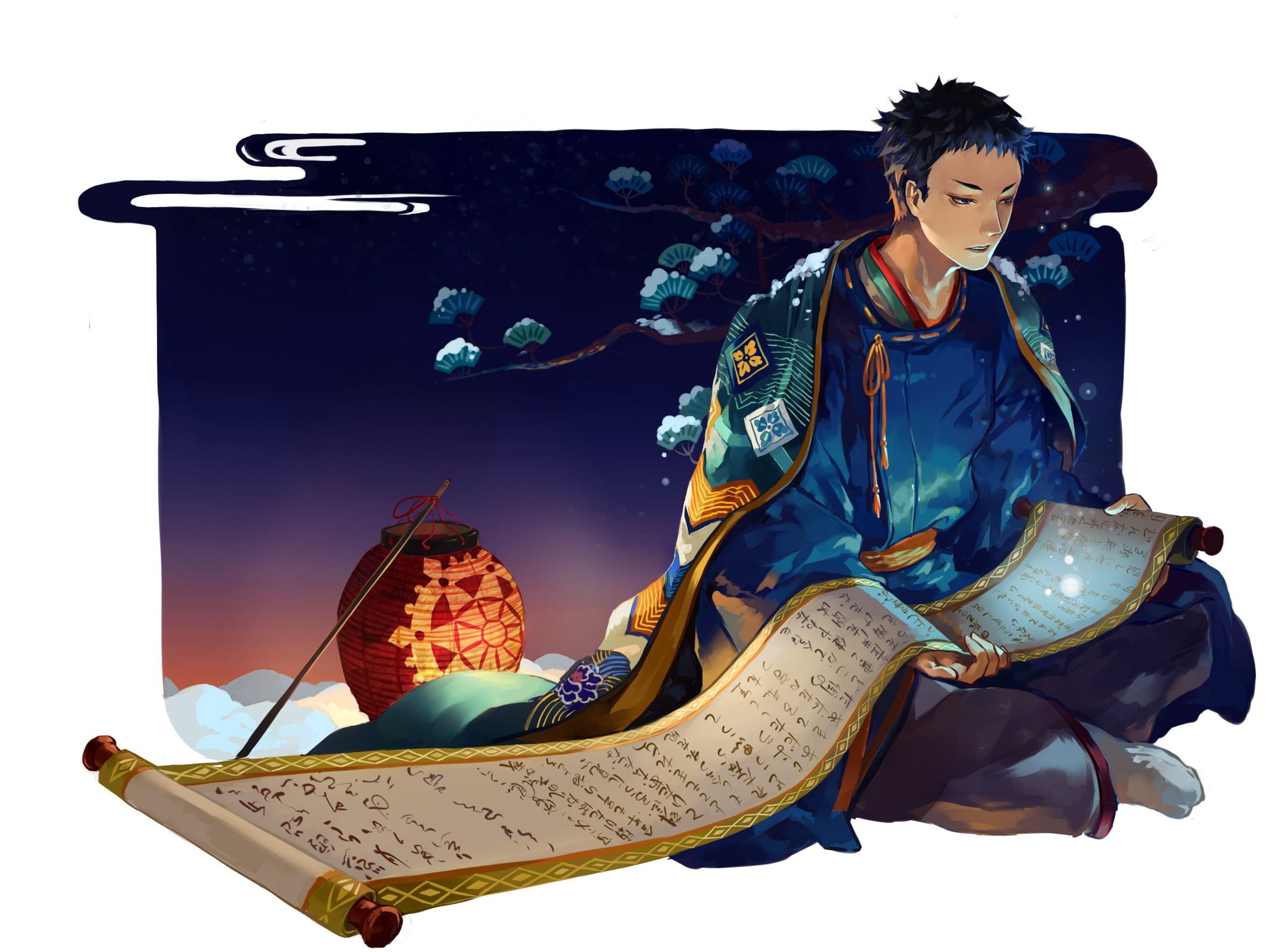 haikyuu!!, sawamura dai., volleyball!!, 1080P, scroll, pattern, lantern, Japanese clothing, white background, guy, Cape, night, HD Wallpaper