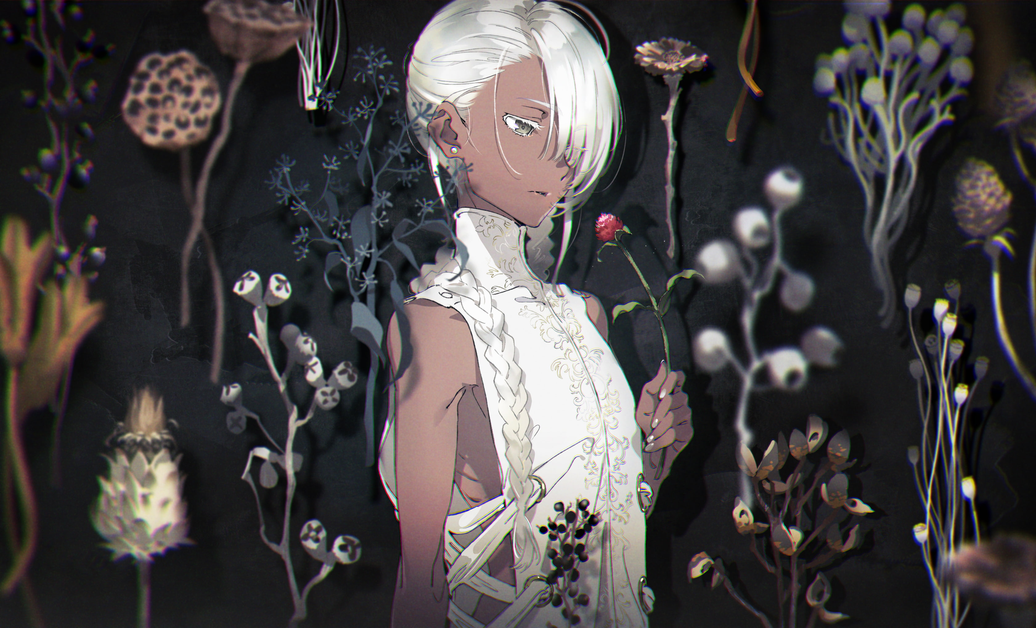 white eye, short hair, dark skin, 2K, yoneyama mai, flower bow, white hair, flowers, HD Wallpaper