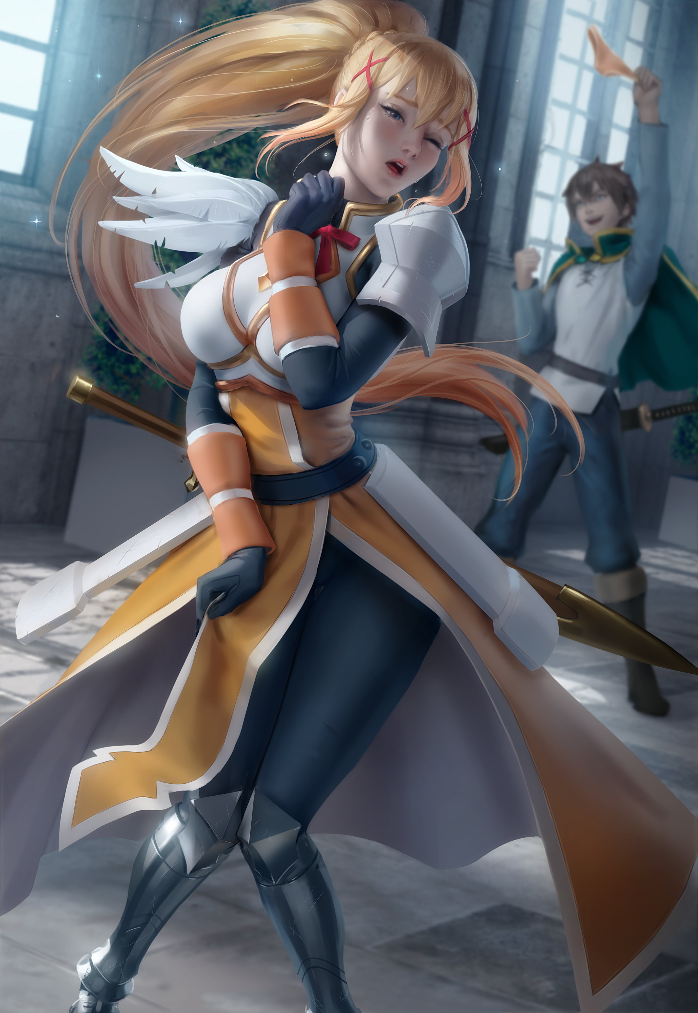 illustration, Darkness (KonoSuba), 4K, fan art, portrait display, artwork, anime girls, Kono Subarashii Sekai ni Shukufuku wo!, Zaroy, digital art, anime, Phone HD Wallpaper