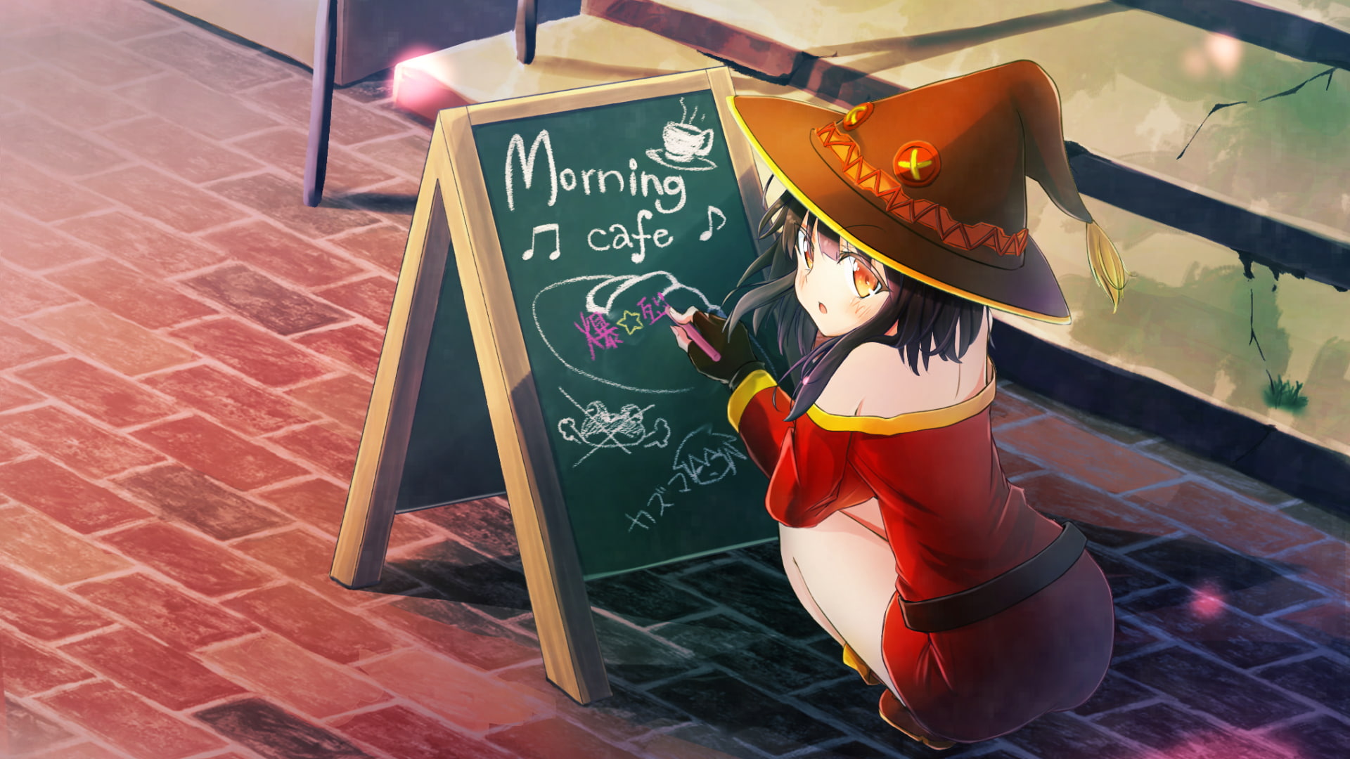 outdoors, Megumin, real people, high angle view, food and drink, western script, human representation, hat, lifestyles, women, day, text, anime girls, anime, HD Wallpaper