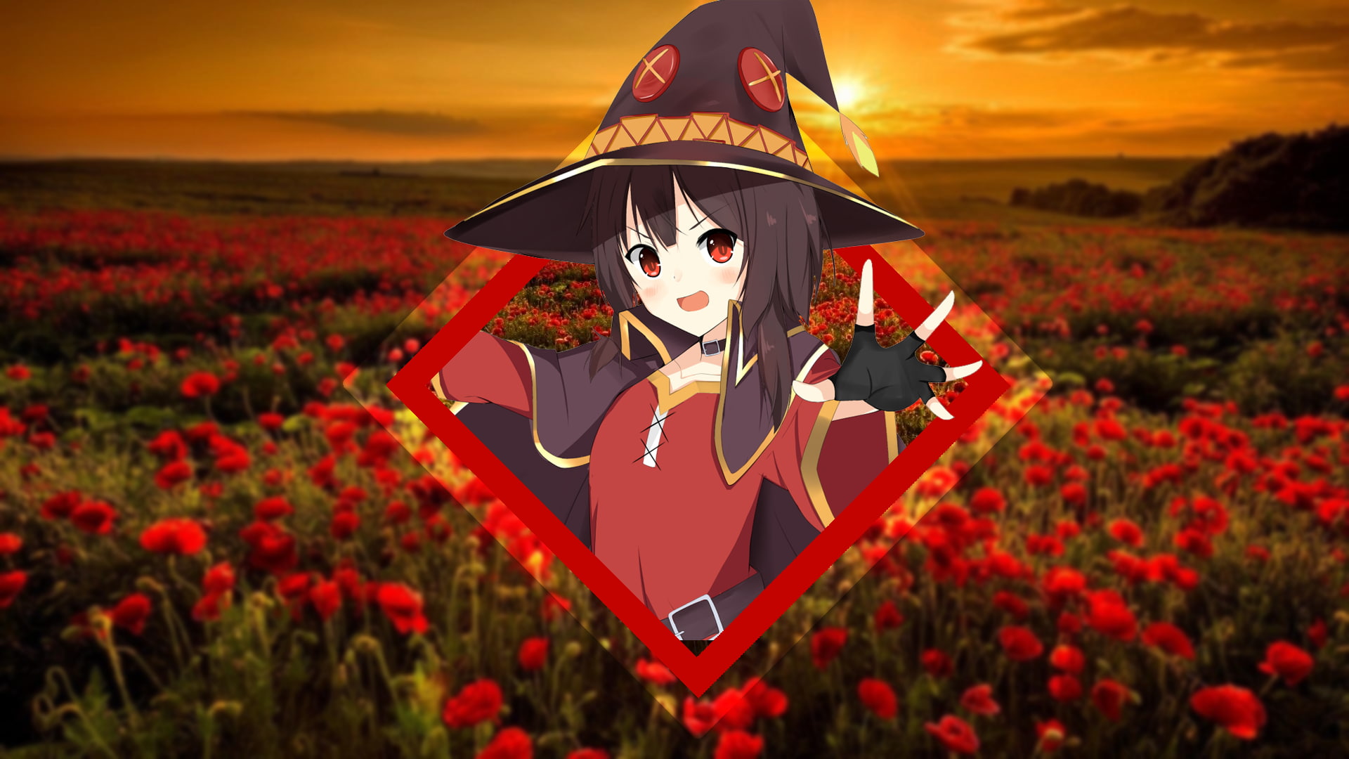 Kono Subarashii Sekai ni Shukufuku wo!, Megumin, anime, sunlight, red, portrait, flower, grass, flowering plant, cloud - sky, sunset, nature, 1080P, beauty in nature, HD Wallpaper