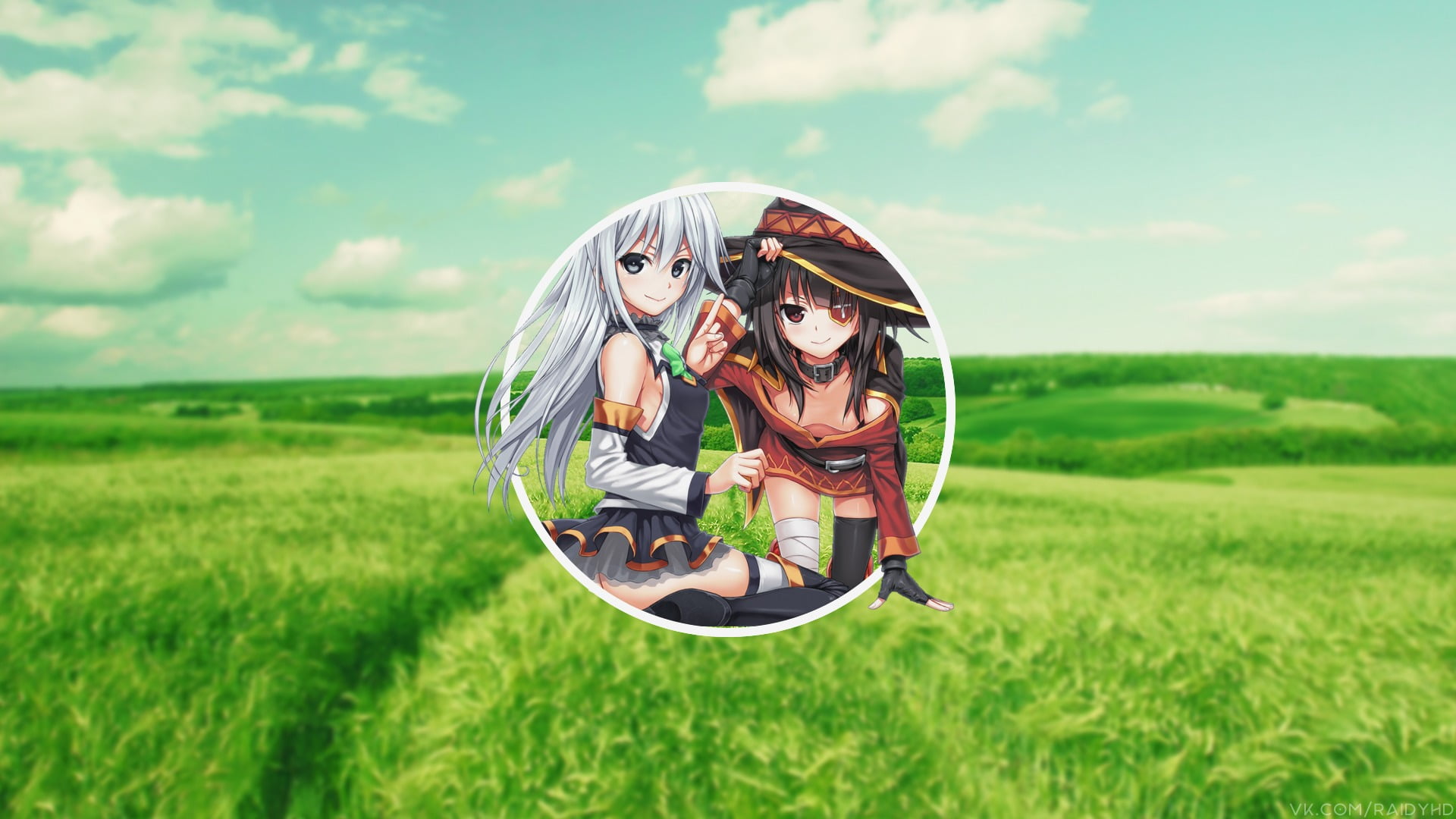 positive emotion, real people, cloud - sky, Kono Subarashii Sekai ni Shukufuku wo!, grass, females, anime girls, outdoors, plant, leisure activity, field, HD Wallpaper