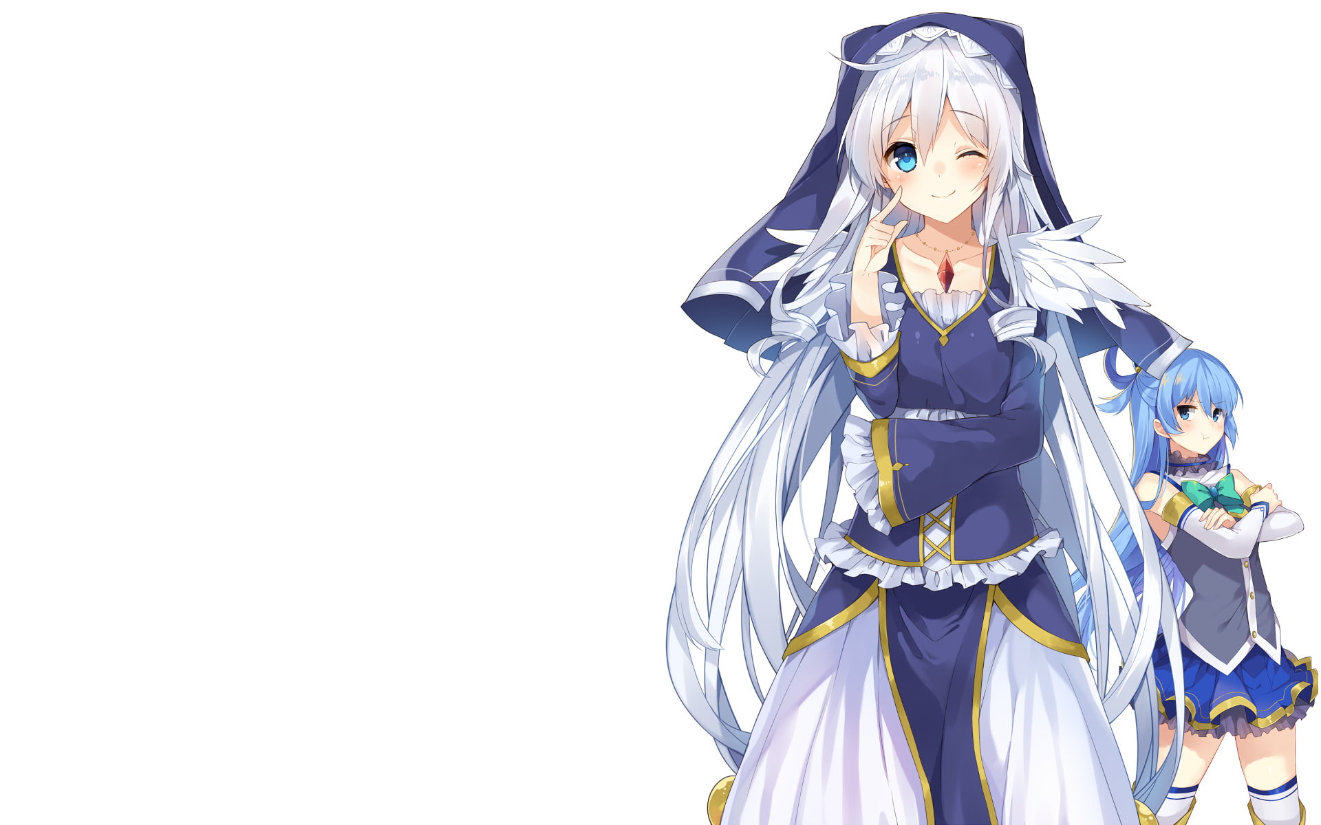 looking at camera, clothing, 1080P, adult, portrait, mature women, Aqua (KonoSuba), white background, Anime, studio shot, one person, women, females, traditional clothing, HD Wallpaper