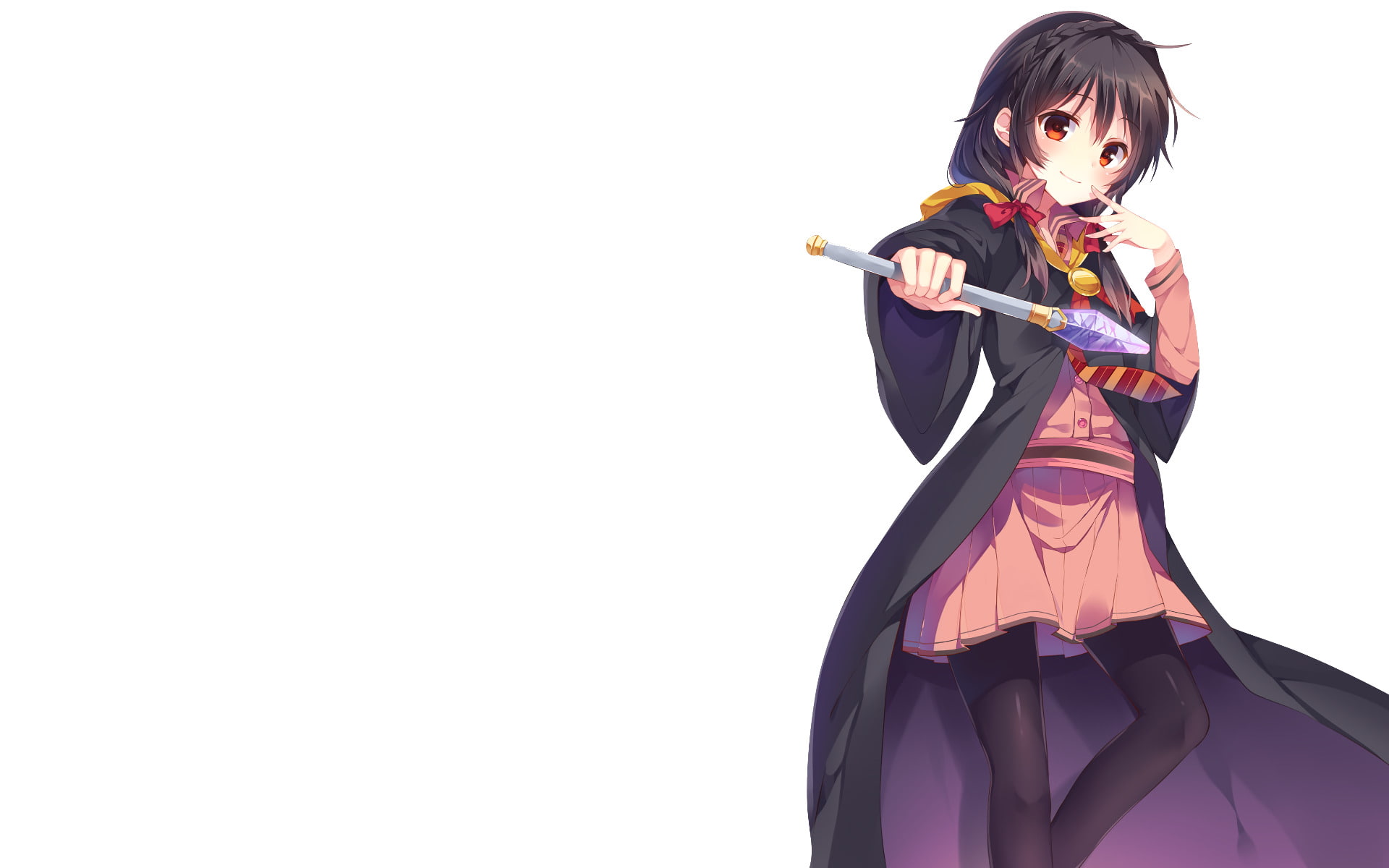 holding, Yunyun (KonoSuba), young adult, women, hairstyle, 1080P, looking, copy space, KonoSuba – God’s blessing on this wonderful world!!, white background, HD Wallpaper
