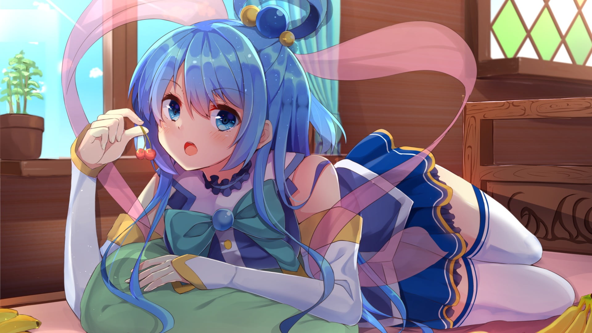 home interior, table, human representation, creativity, representation, blue, 1080P, portrait, front view, day, one person, innocence, Kono Subarashii Sekai ni Shukufuku wo!, HD Wallpaper
