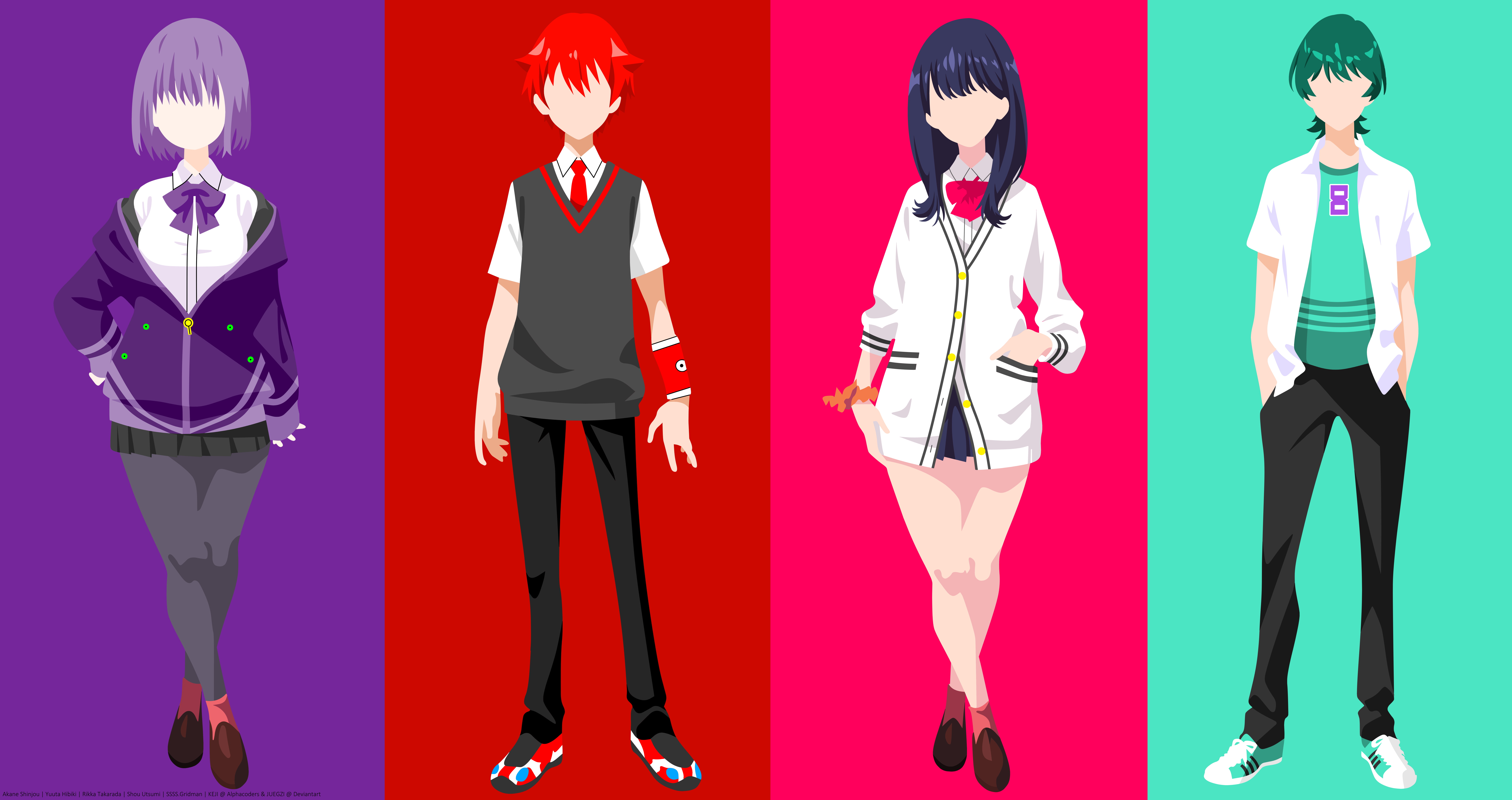School Uniform, Skirt, Anime, Boy, 8K, Yuuta Hibiki, Akane Shinjou, SSSS.Gridman, Girl, Green Hair, Shou Utsumi, Long Hair, Short Hair, Purple Hair, Rikka Takarada, HD Wallpaper