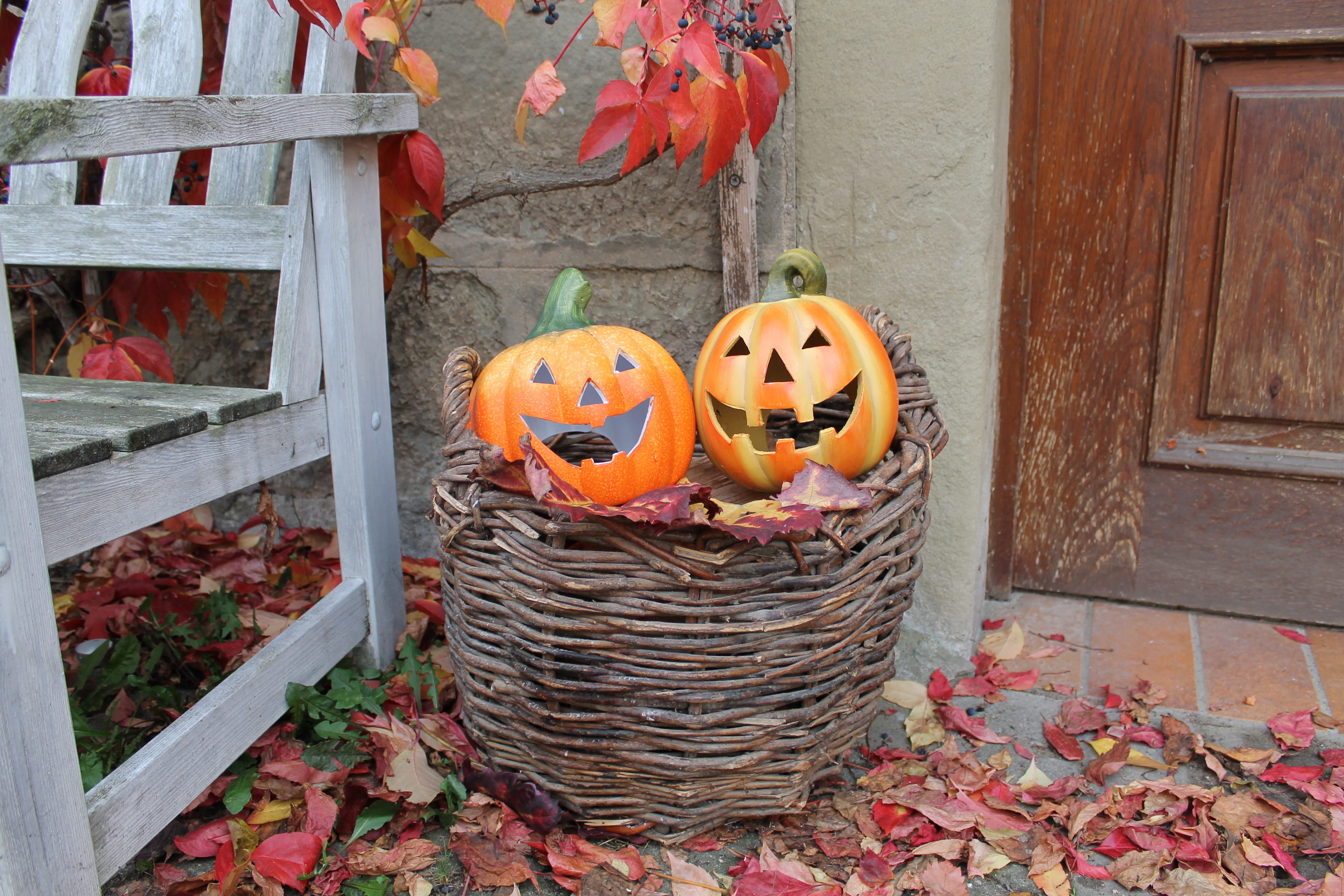 creativity, creepy, color, anthropomorphic, jack o lantern, no people, halloween decoration, holiday - event, food and drink, autumn motives, yellow, basket, HD Wallpaper