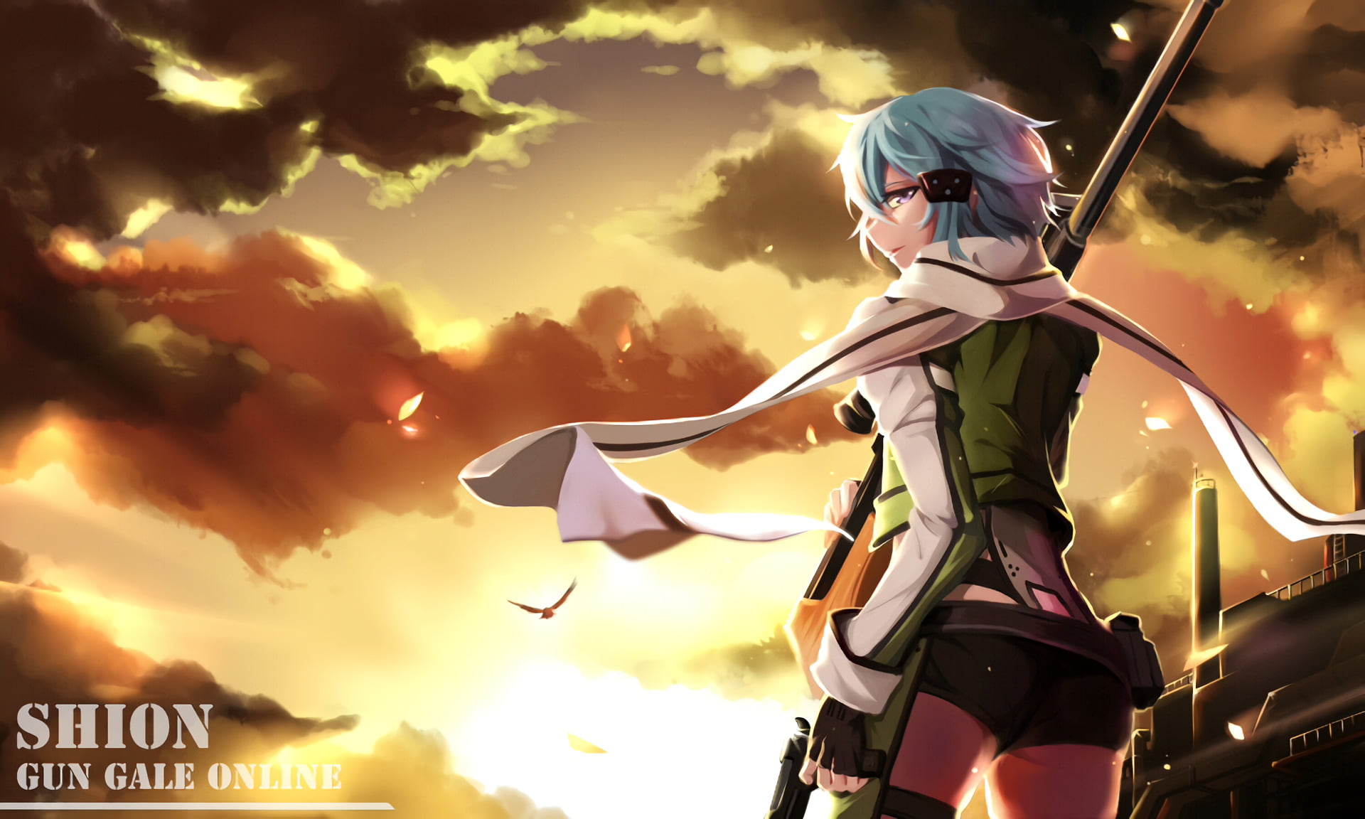 cloud - sky, low angle view, men, Sinon (Sword Art Online), sport, sunset, extreme sports, real people, sunlight, Sword Art Online, 1080P, mode of transportation, HD Wallpaper