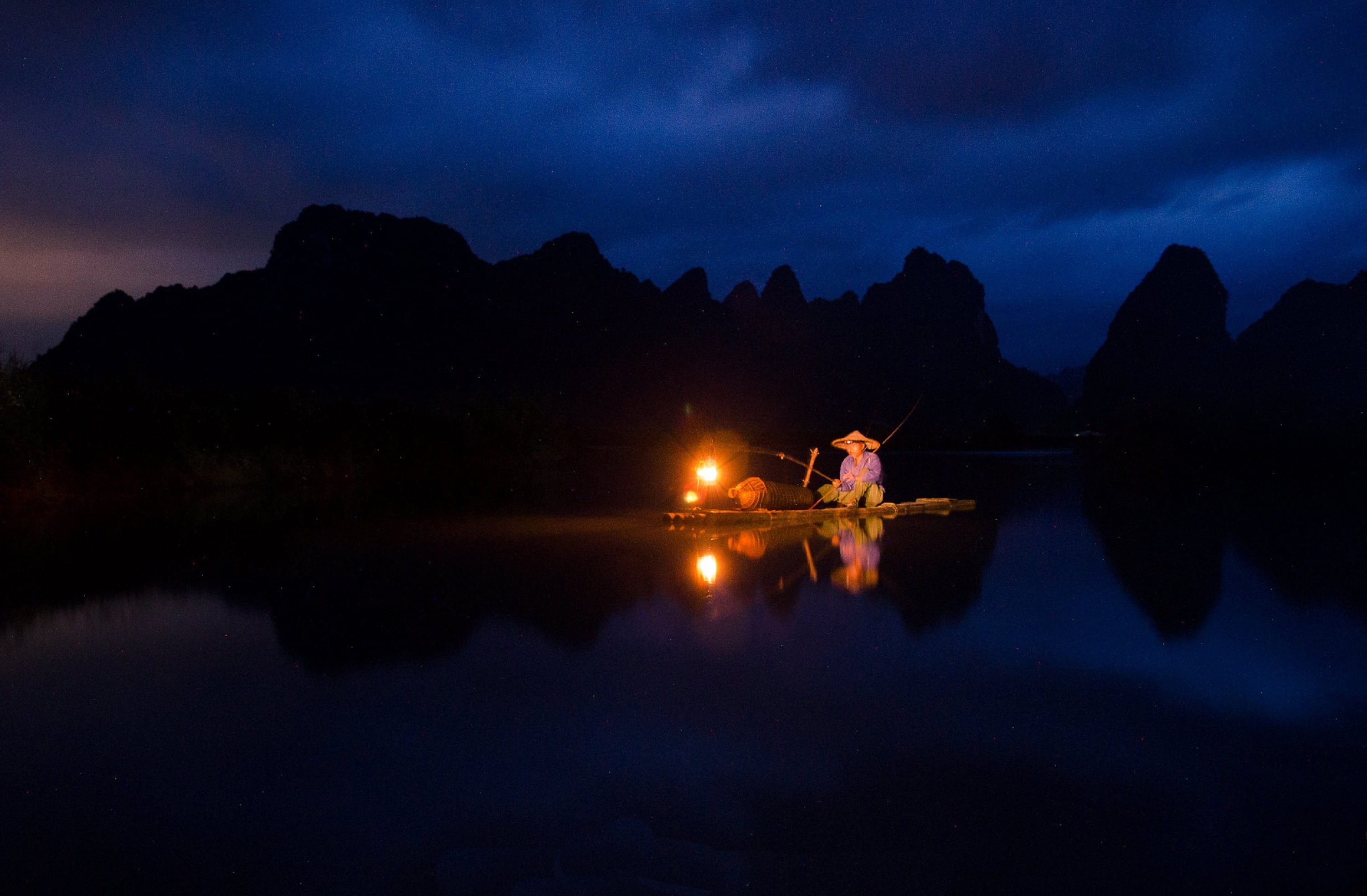fishing, cao bang province, one person, lake, water, clouds, trung khanh district, night, 2K, tranquility, illuminated, mountains, beauty in nature, reflection, HD Wallpaper