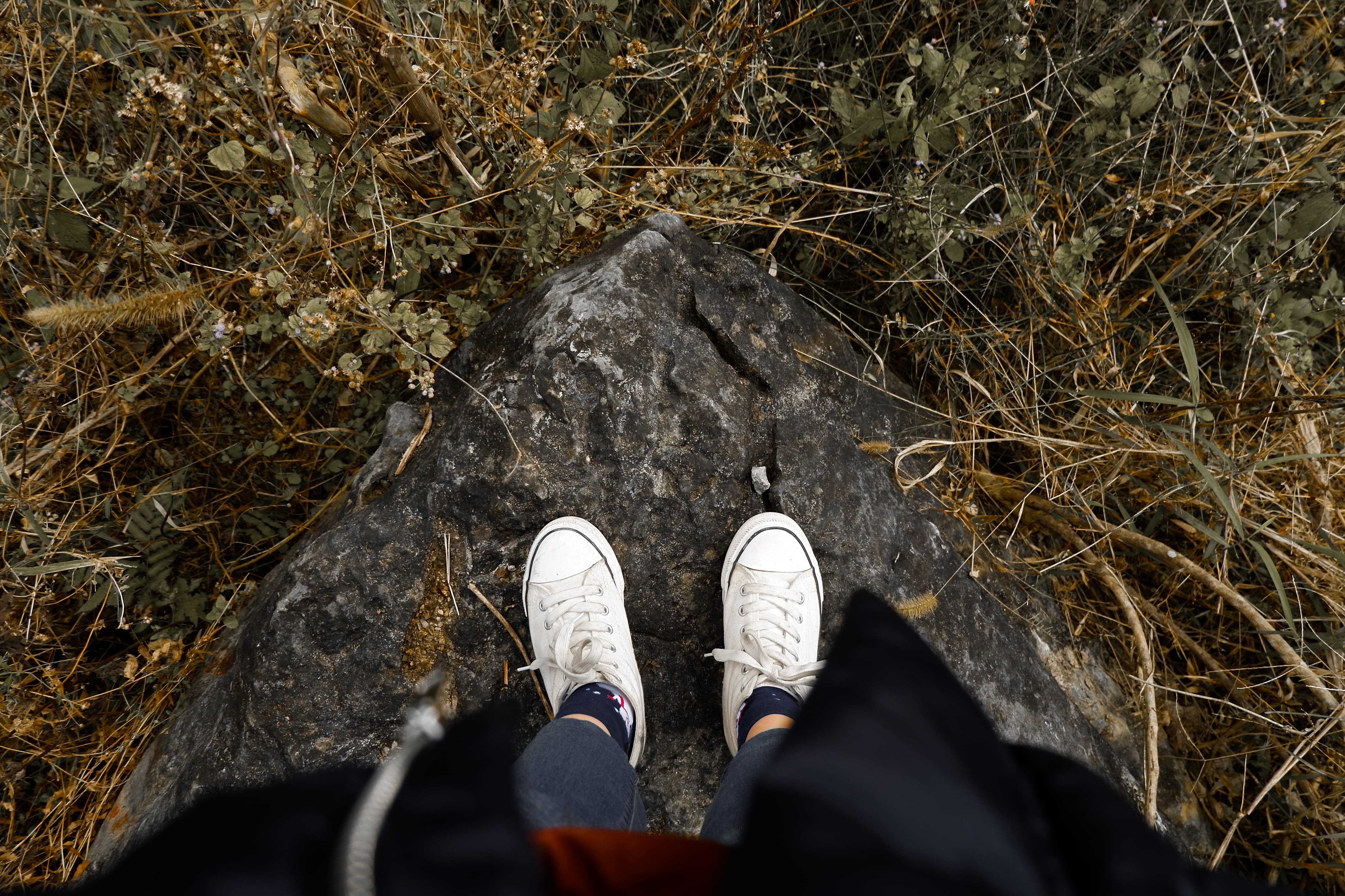 shoes, human leg, shoe, unrecognizable person, lanscape, ground, nature, human body part, suede, rock, leisure activity, apparel, high angle view, 4K, HD Wallpaper