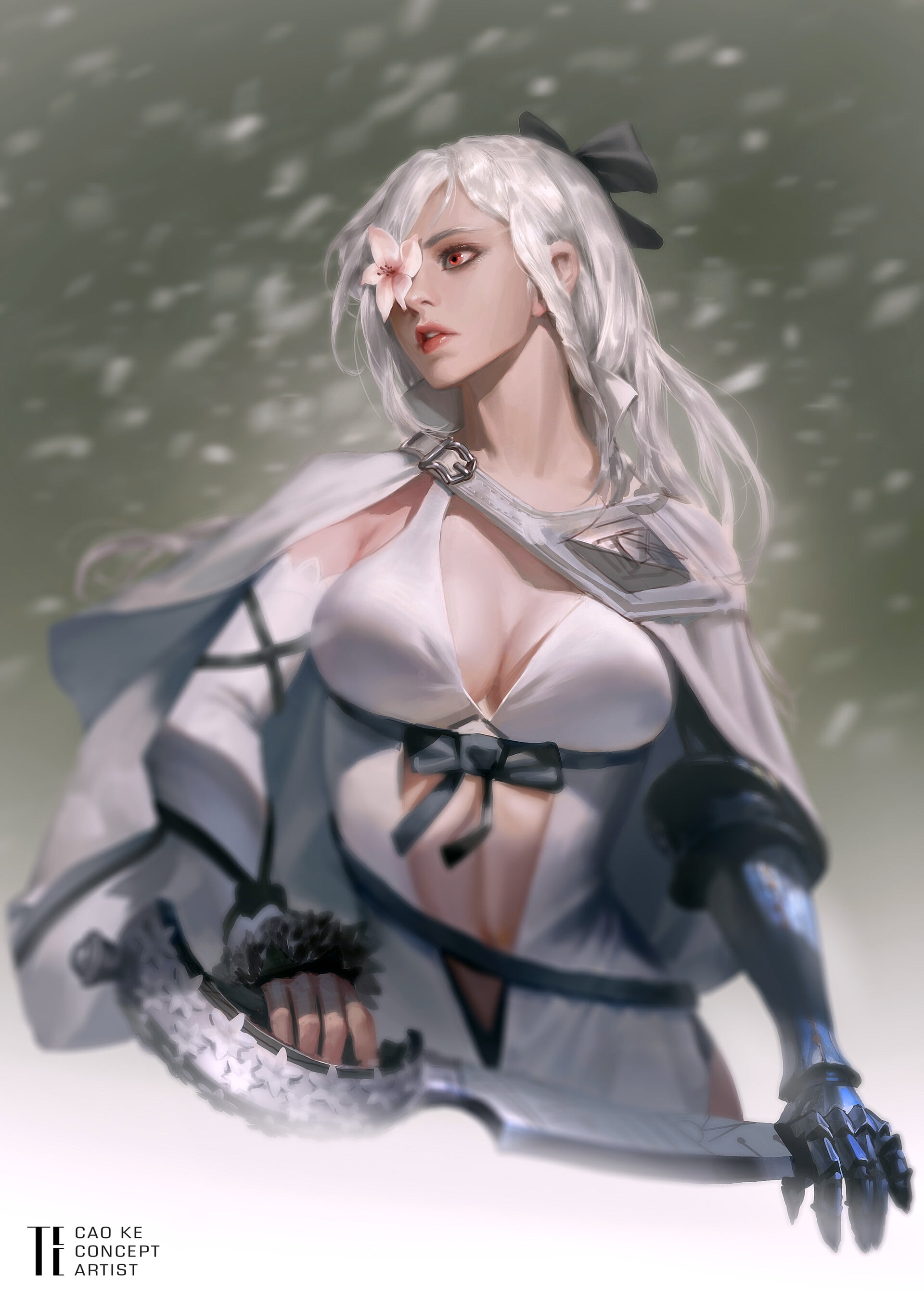 dress, flowers, weapon, CAO KE, silver hair, covered eyes, red eyes, blades, women, drawing, long hair, 2K, looking away, Phone HD Wallpaper