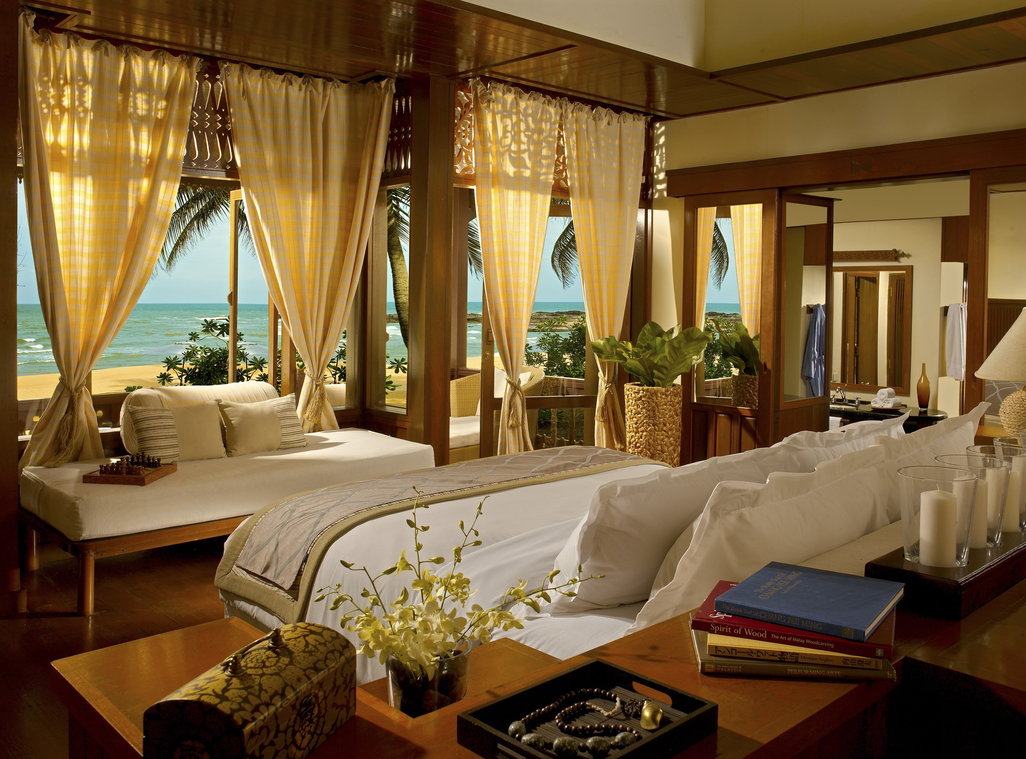 beach., table, hotel, luxury hotel, bedroom, architecture, setting, chair, sofa, window, curtains, bed, textbooks, restaurant, sea, furniture, domestic room, HD Wallpaper