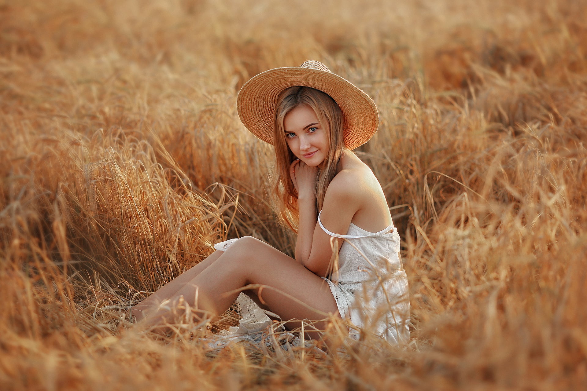 pose, field, girl, smile, 1080P, ears, look, Dmitry Arhar, summer, hat, Dasha, mood, HD Wallpaper