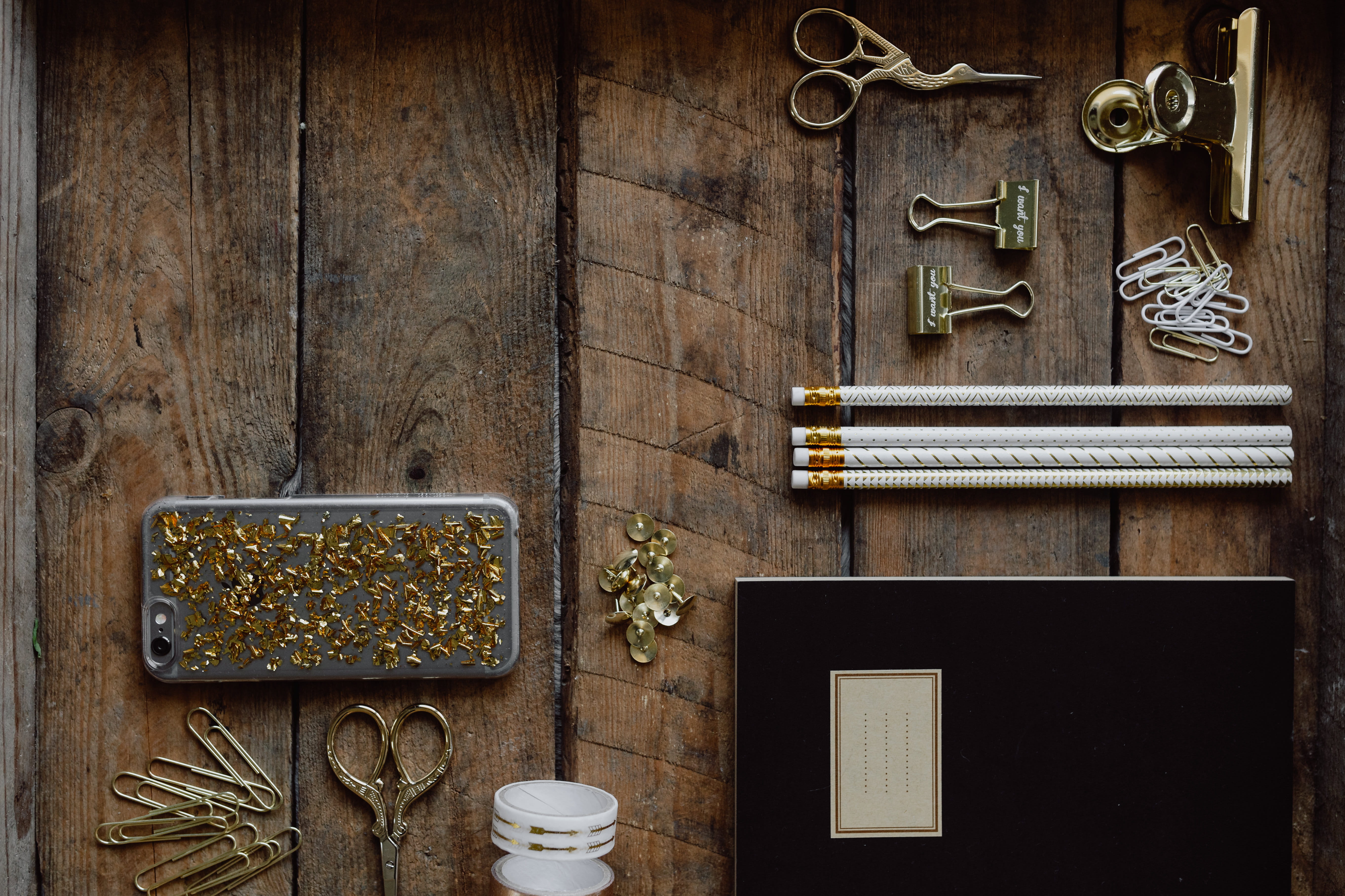 iphone, tray, no people, indoors, frame, metal, gold, wooden, picture frame, still life, office, arrangement, notebook, golden, table, large group of objects, HD Wallpaper