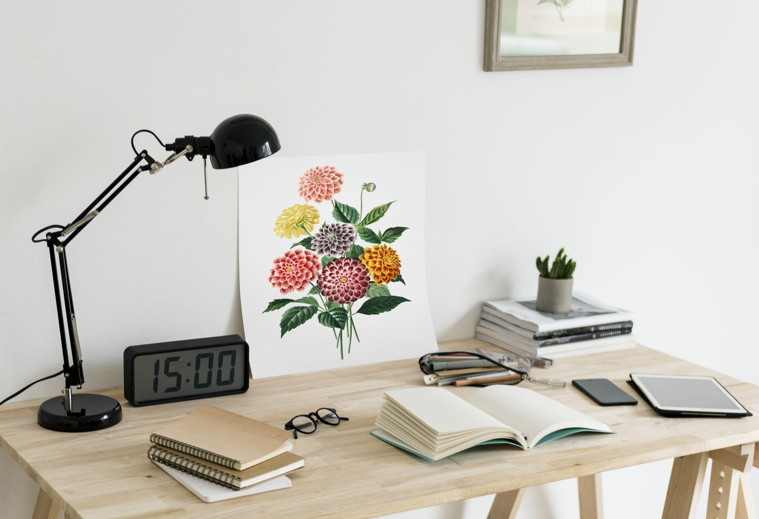 indoors, publication, devices, table, no people, flowering plant, frame, plant, wood, workplace, room, workspace, nobody, furniture, wireless technology, HD Wallpaper