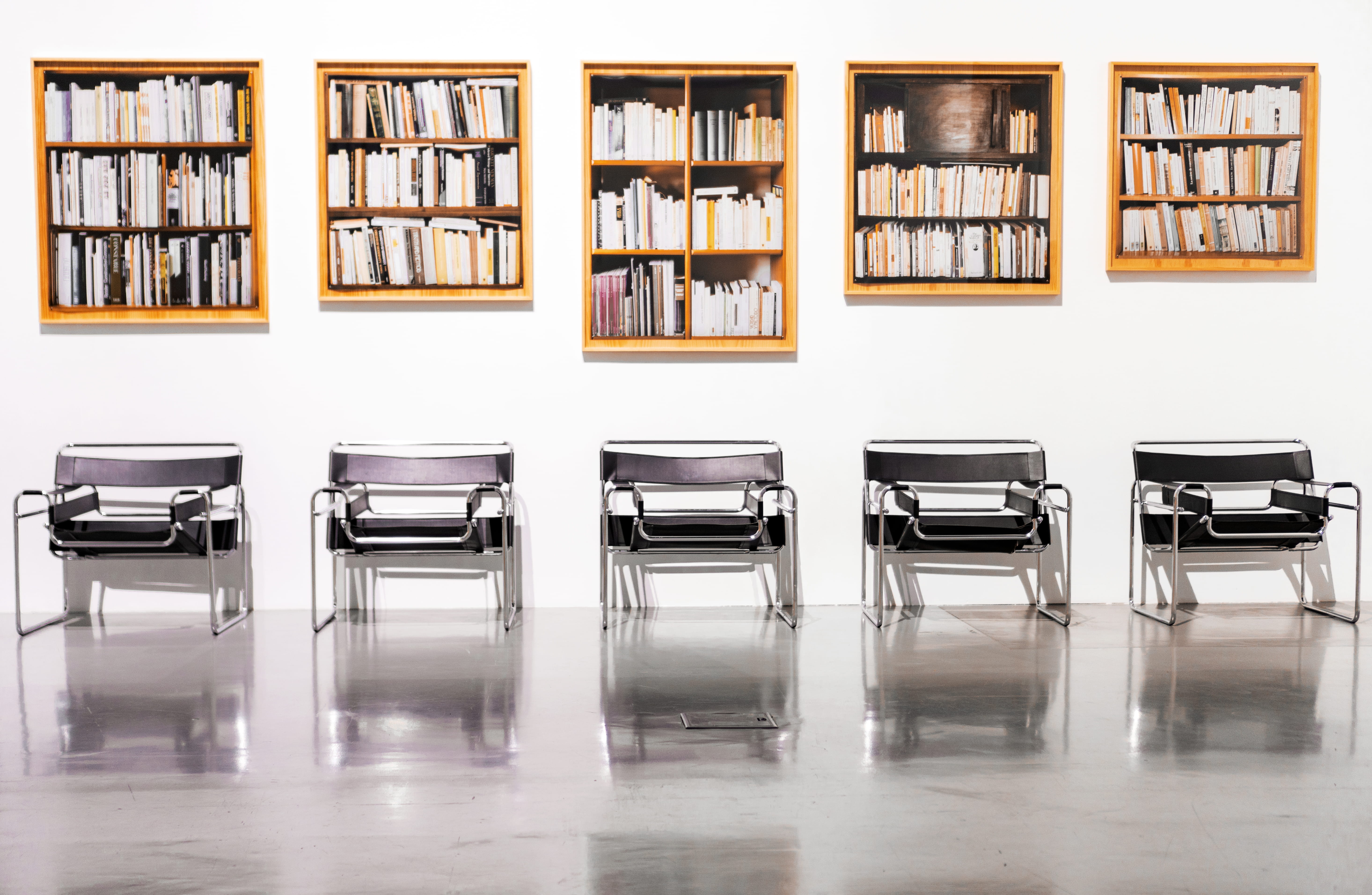 furniture, hall, education, table, bookcase, chair, five, empty, wall, bookshelf, pictures, bookcases, arrangement, large group of objects, no people, floor, HD Wallpaper