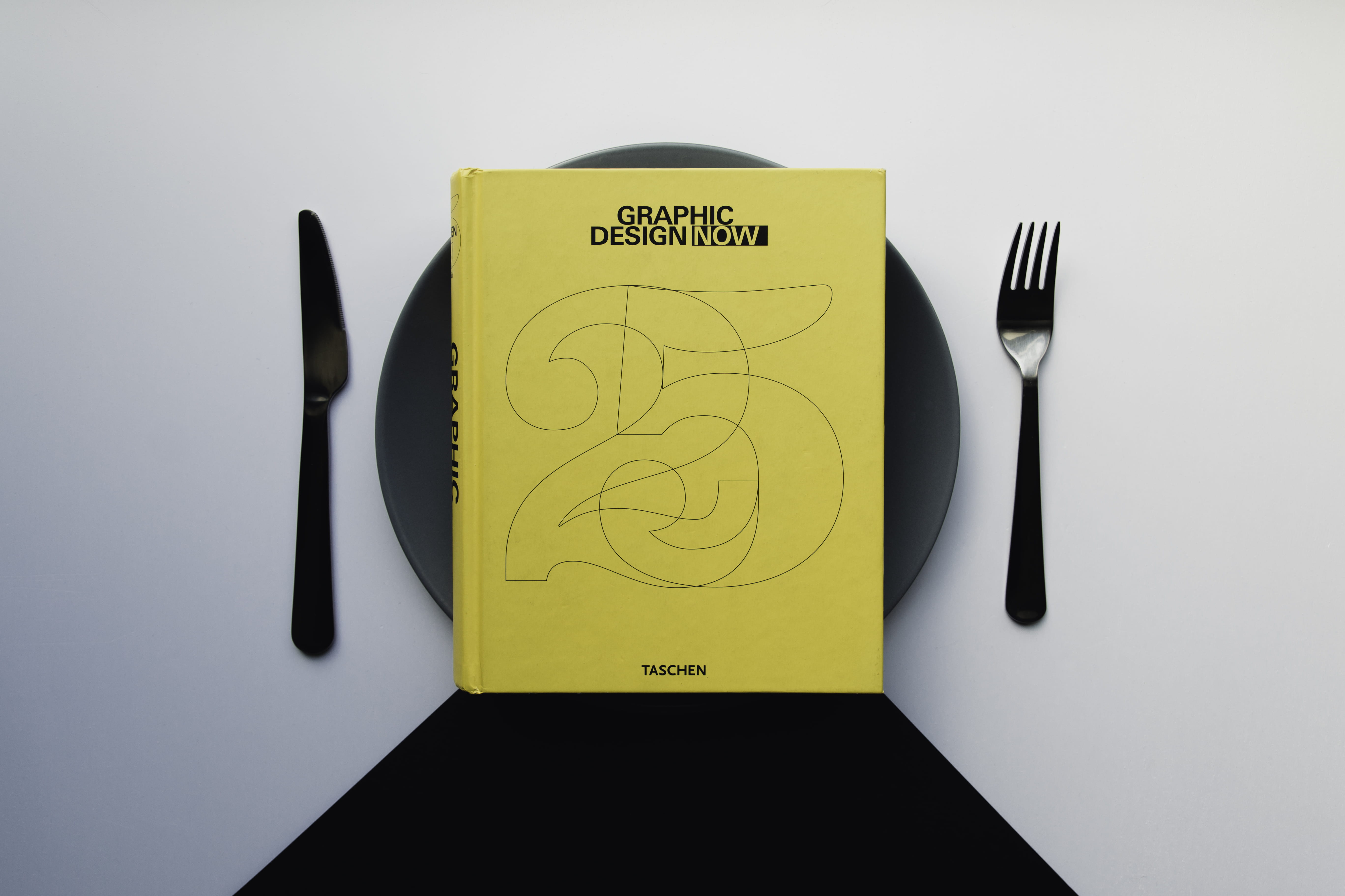 no people, still life, minimal, flat lay, dish, black, eating utensil, text, close-up, plate, top view, minimalist, knife, setting, place setting, graphic design, HD Wallpaper