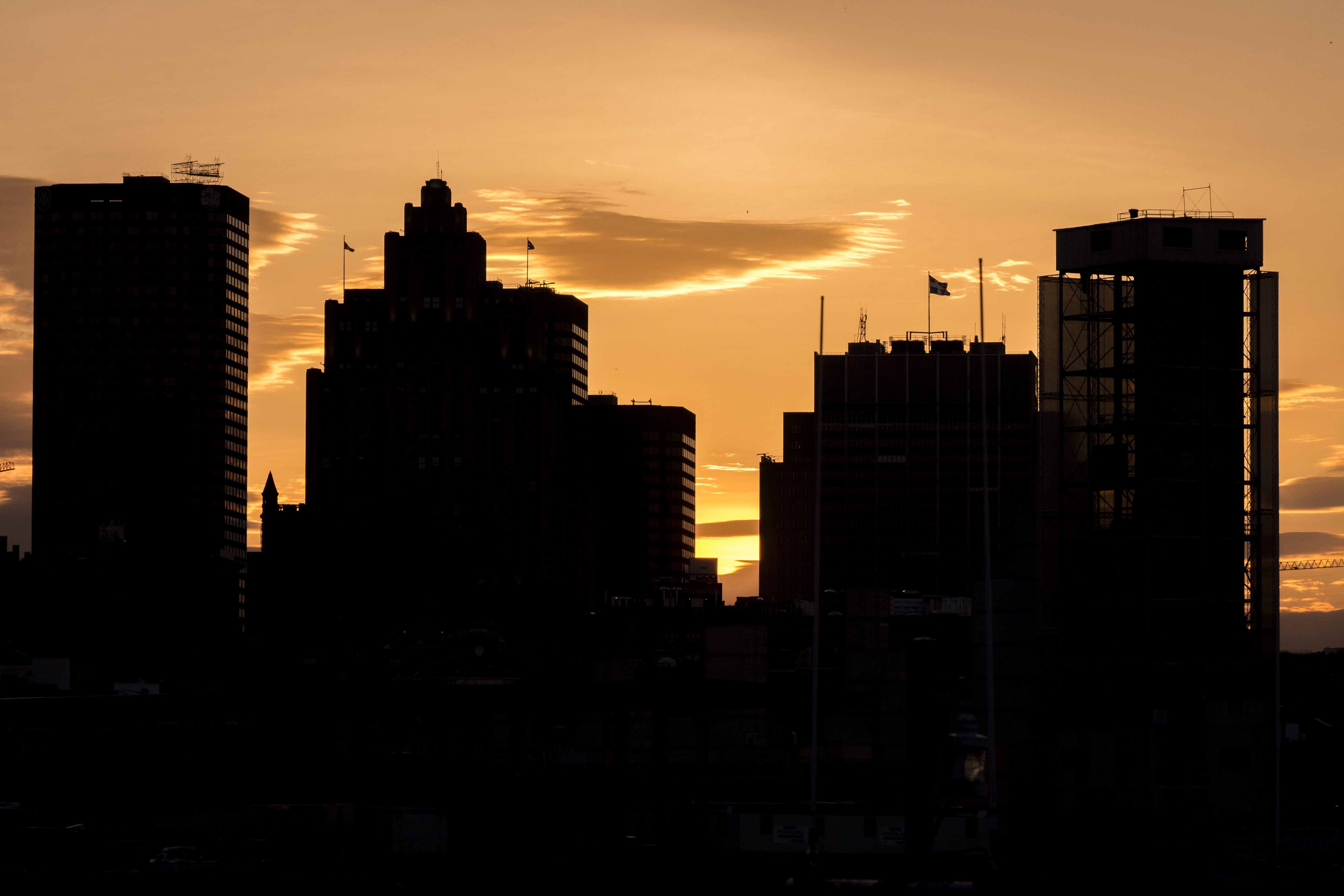 tower, skyscraper, montreal, orange color, tall - high, architecture, office building exterior, shadow, cloud, canada, 5K, cityscape, sun, sunrise, sky, HD Wallpaper