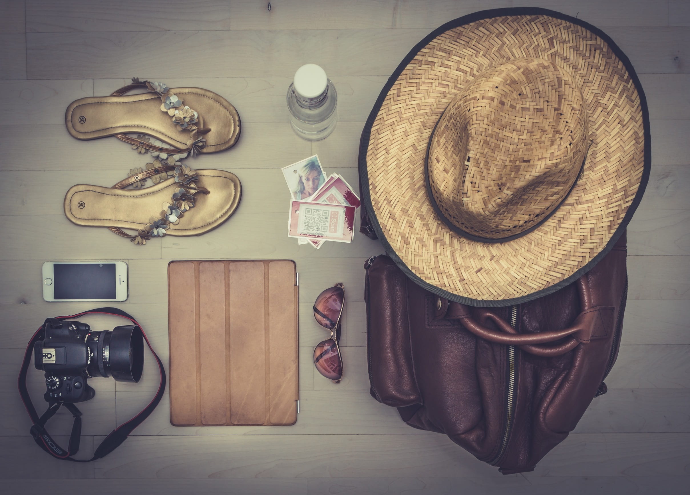 sandals, ipad, fashion, leather, case, still life, communication, bottle, s, 1080P, mobile, brown, bag, indoors, personal accessory, clothing, dslr, antique, HD Wallpaper