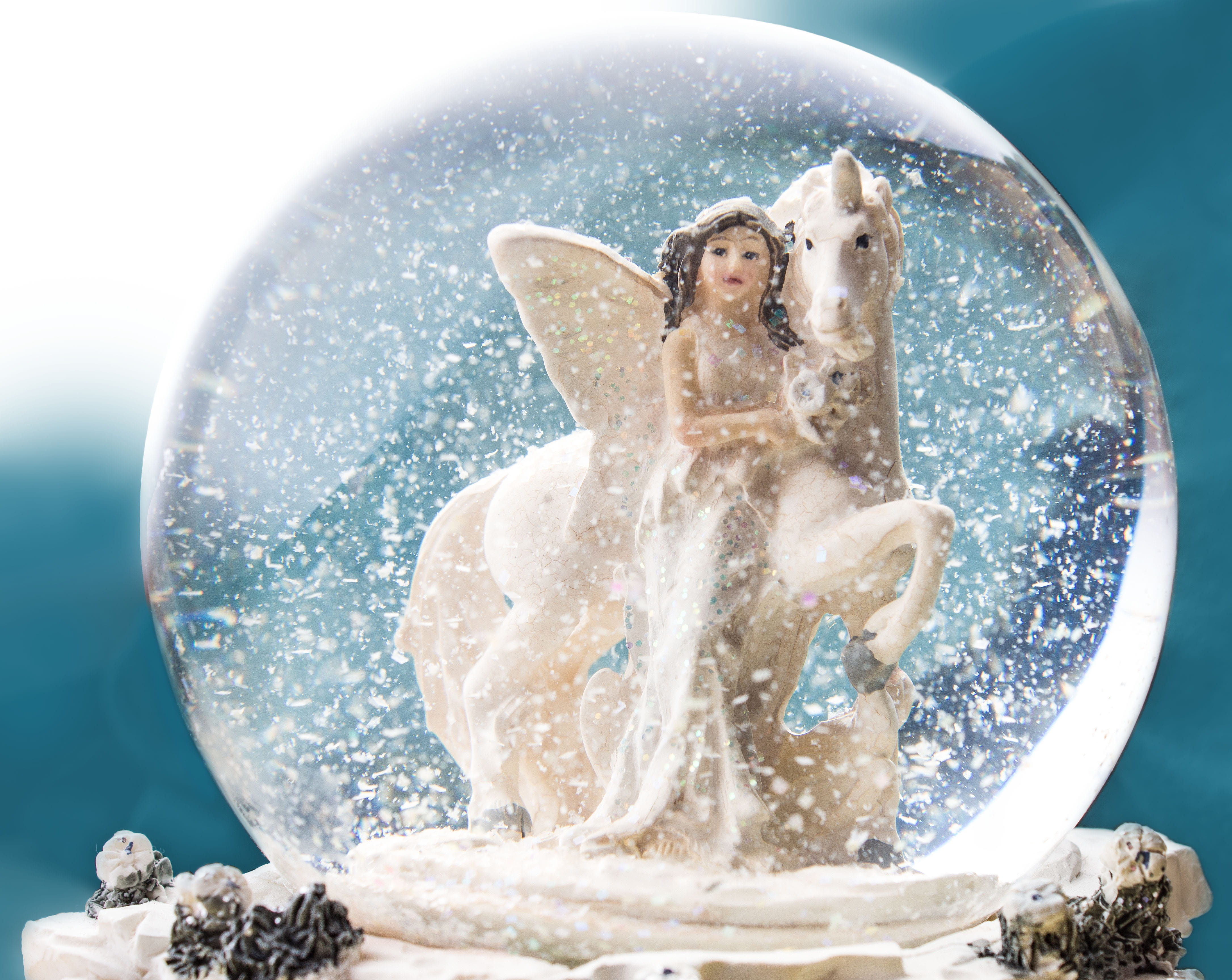 snow, fairytale, splashing, globe, figure, romantic, holiday, magic, winter mood, winter, fee, adult, fantasy, angel, winter dream, women, white, horse, HD Wallpaper