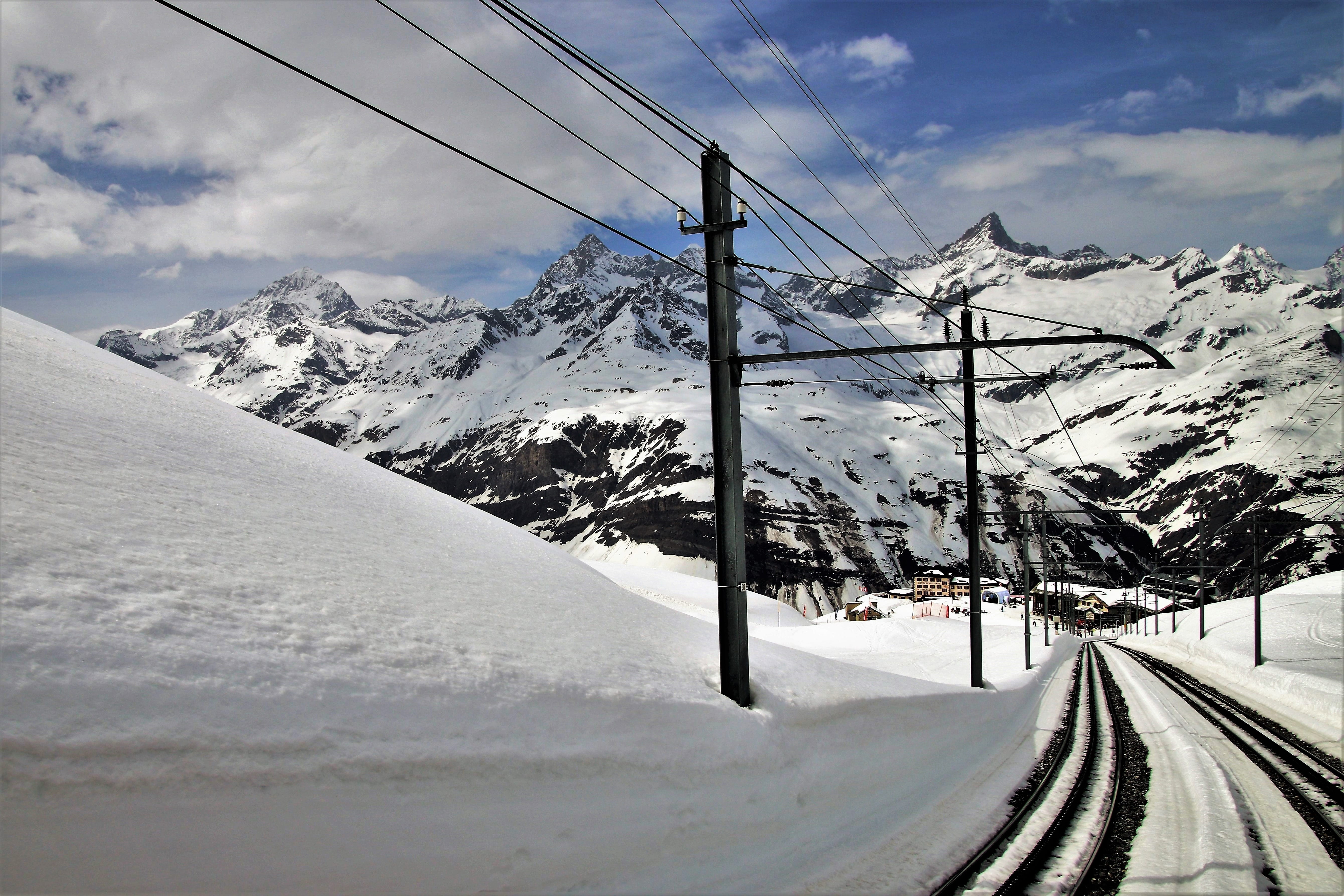 sleepers, the beauty of the mountains, hill, alpine, means of communication, tracks, outdoors, rails, landscape, white, the alps, communication, snowy slope, HD Wallpaper